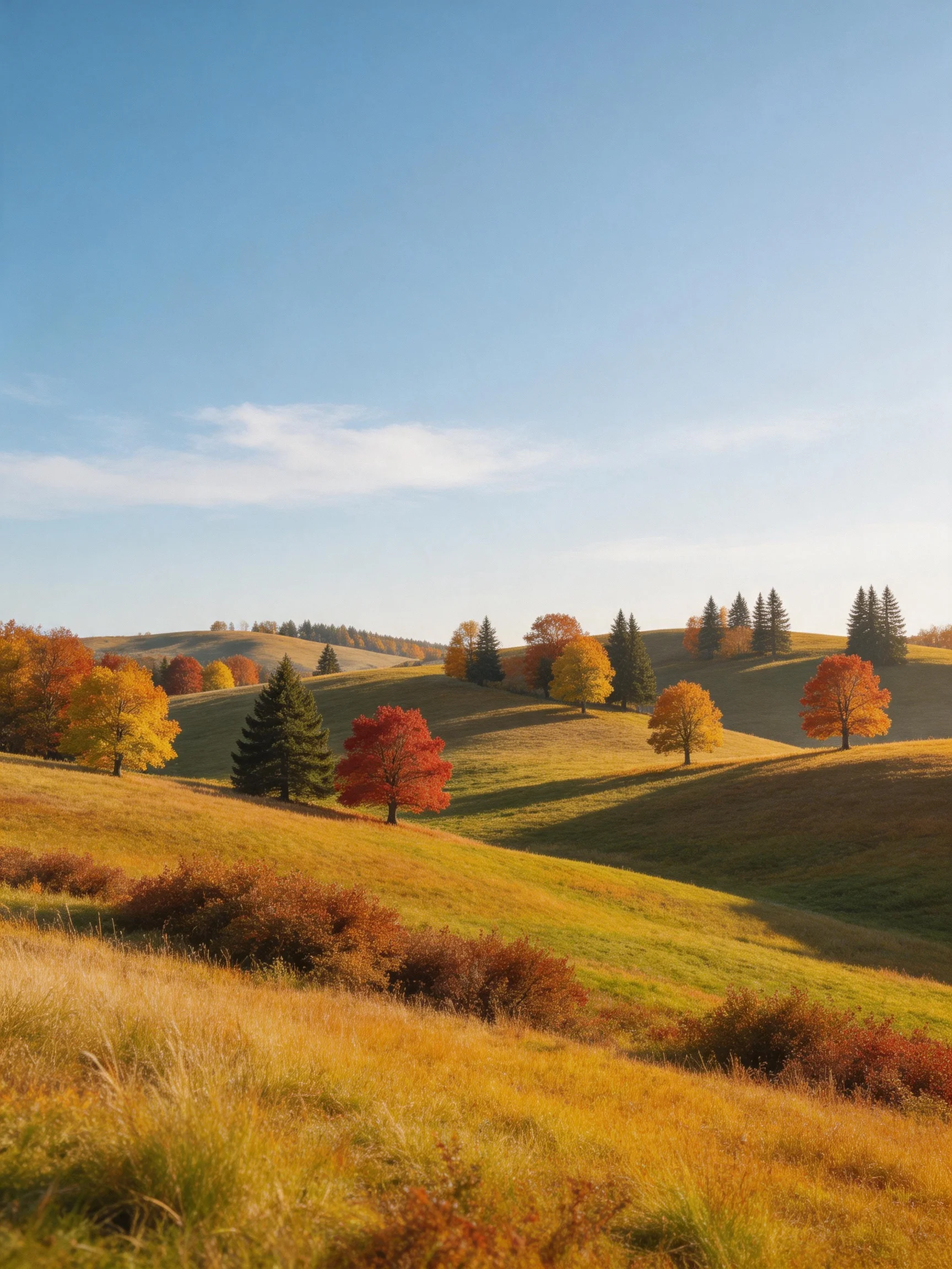 Rolling hills with colorful autumn trees under a clear sky