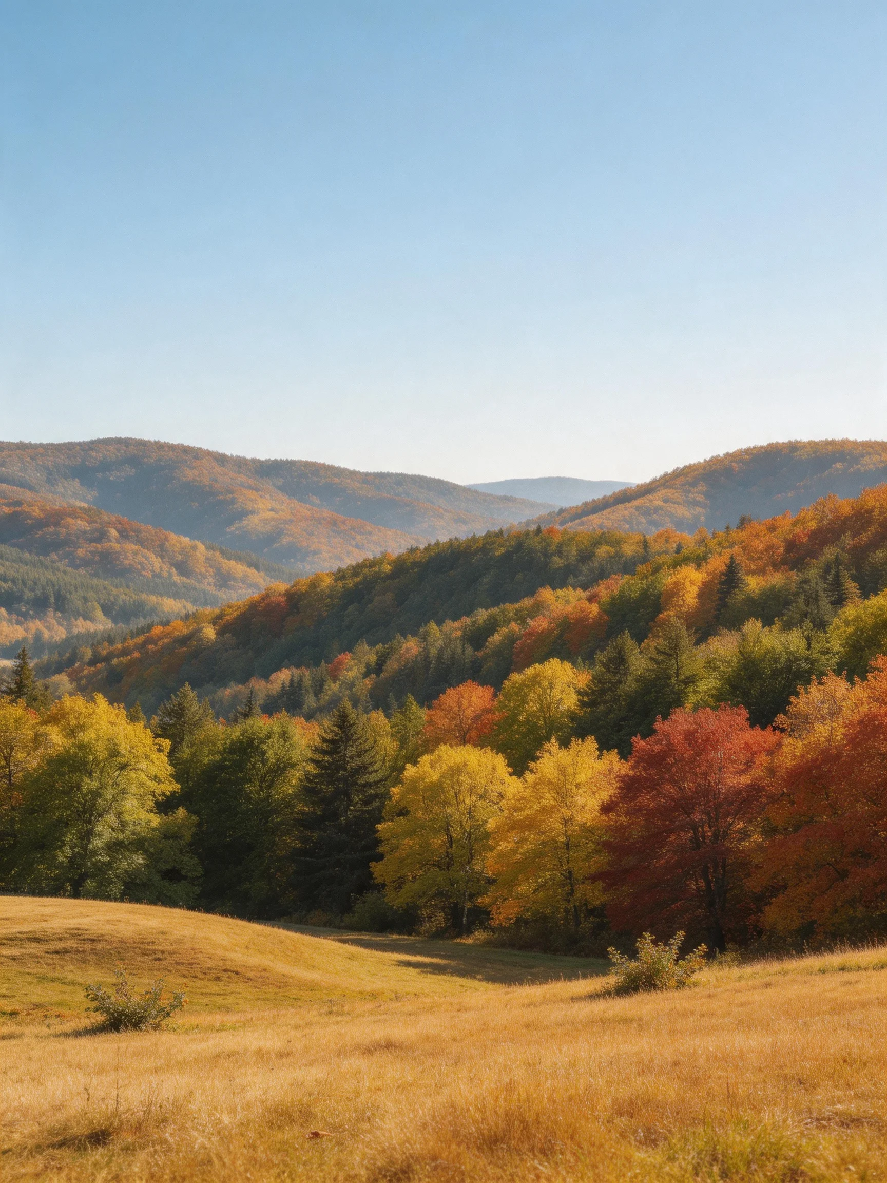 Rolling hills with vibrant autumn foliage and golden meadow