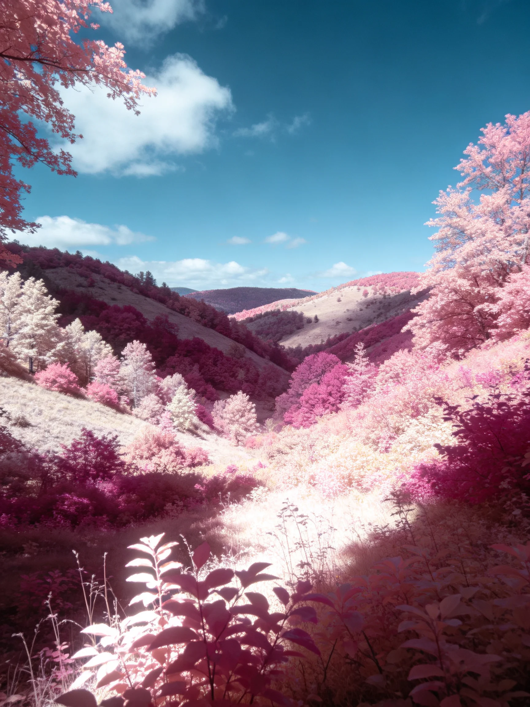 Rolling hills with vibrant pink foliage and deep blue sky