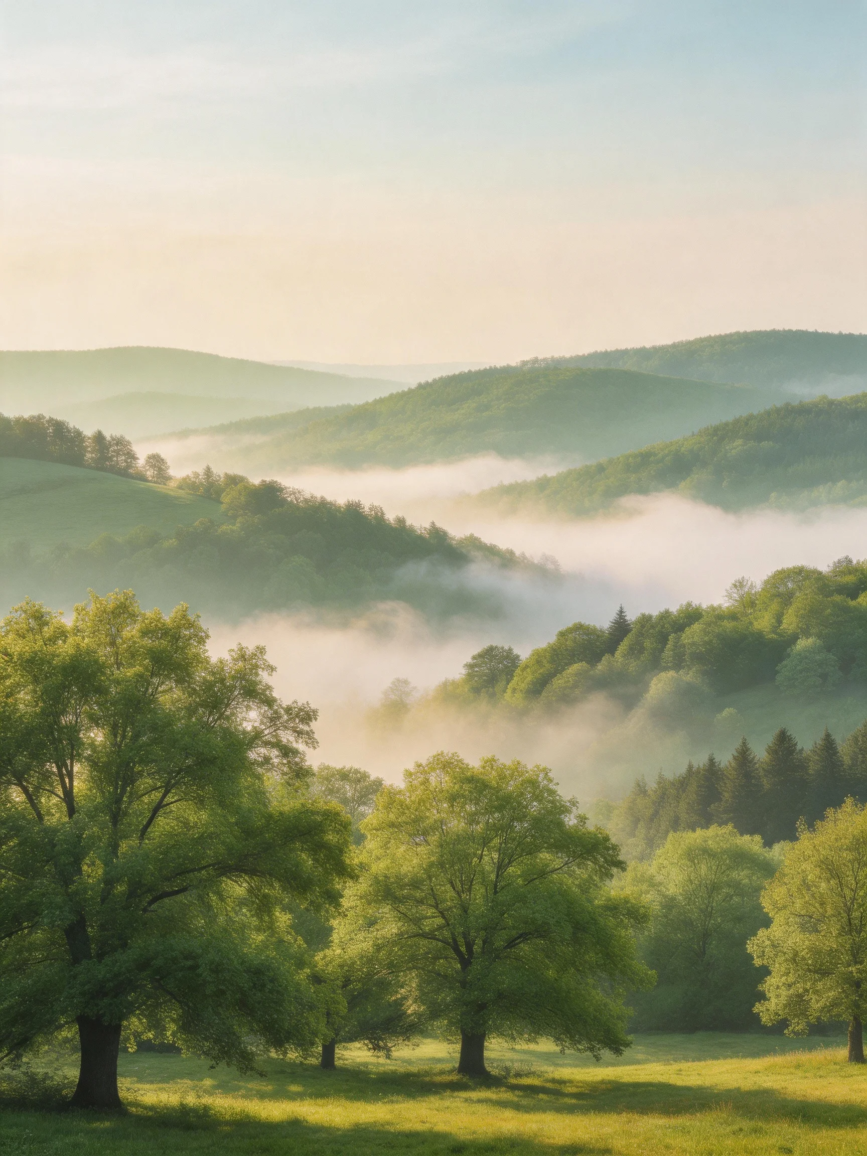 Rolling misty hills with lush green trees in a tranquil countryside