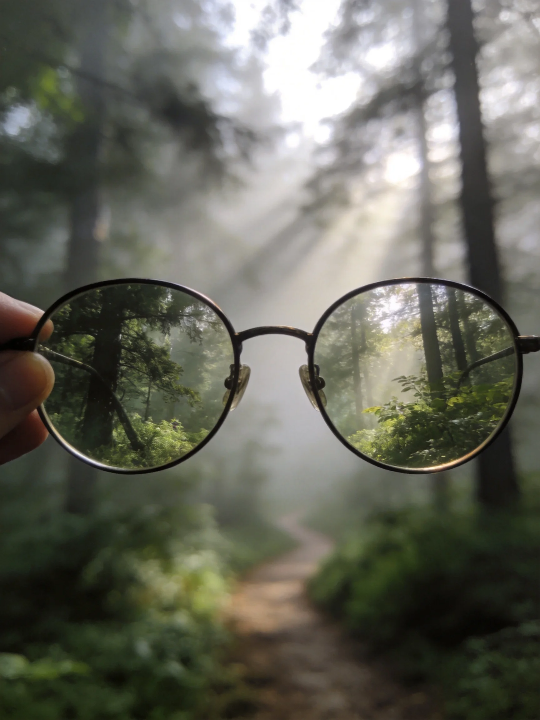 Round eyeglasses frame a misty forest path with sunbeams