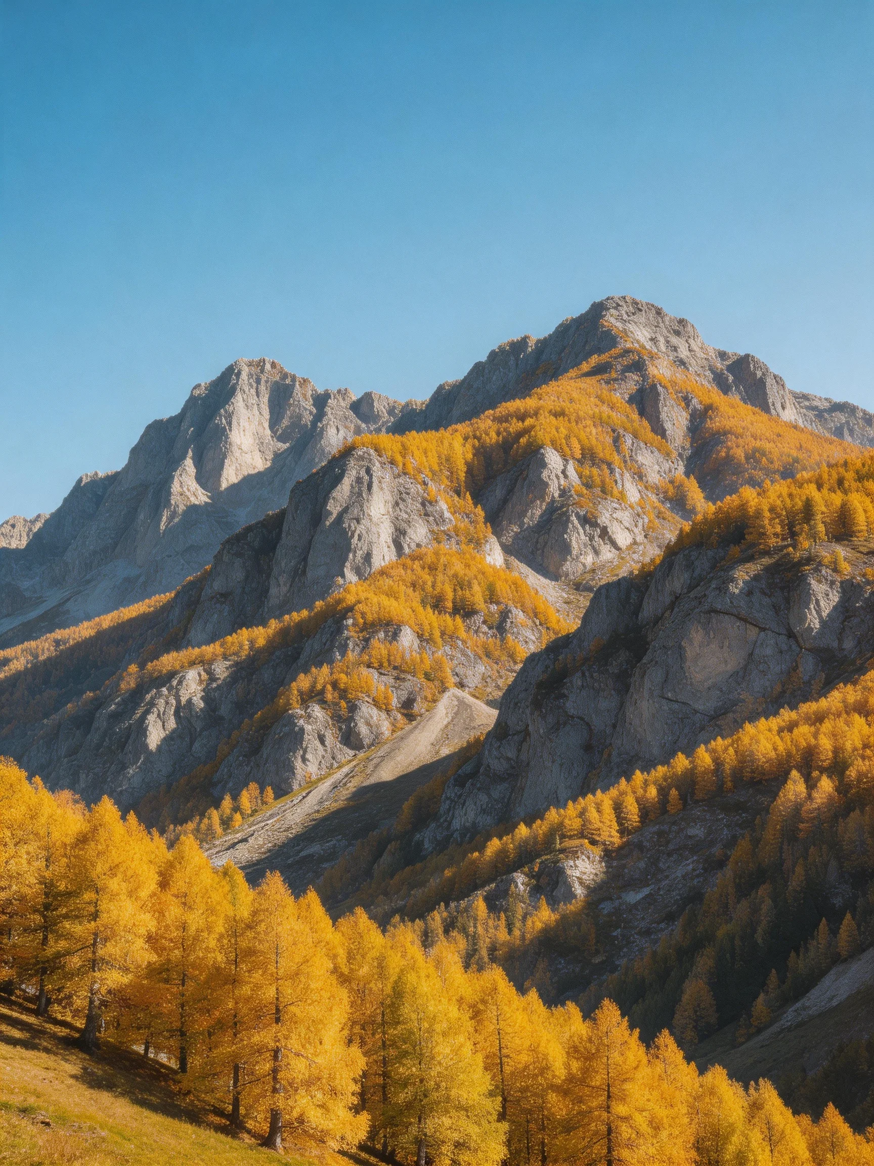 Rugged gray mountains with golden forests covering slopes under clear blue sky