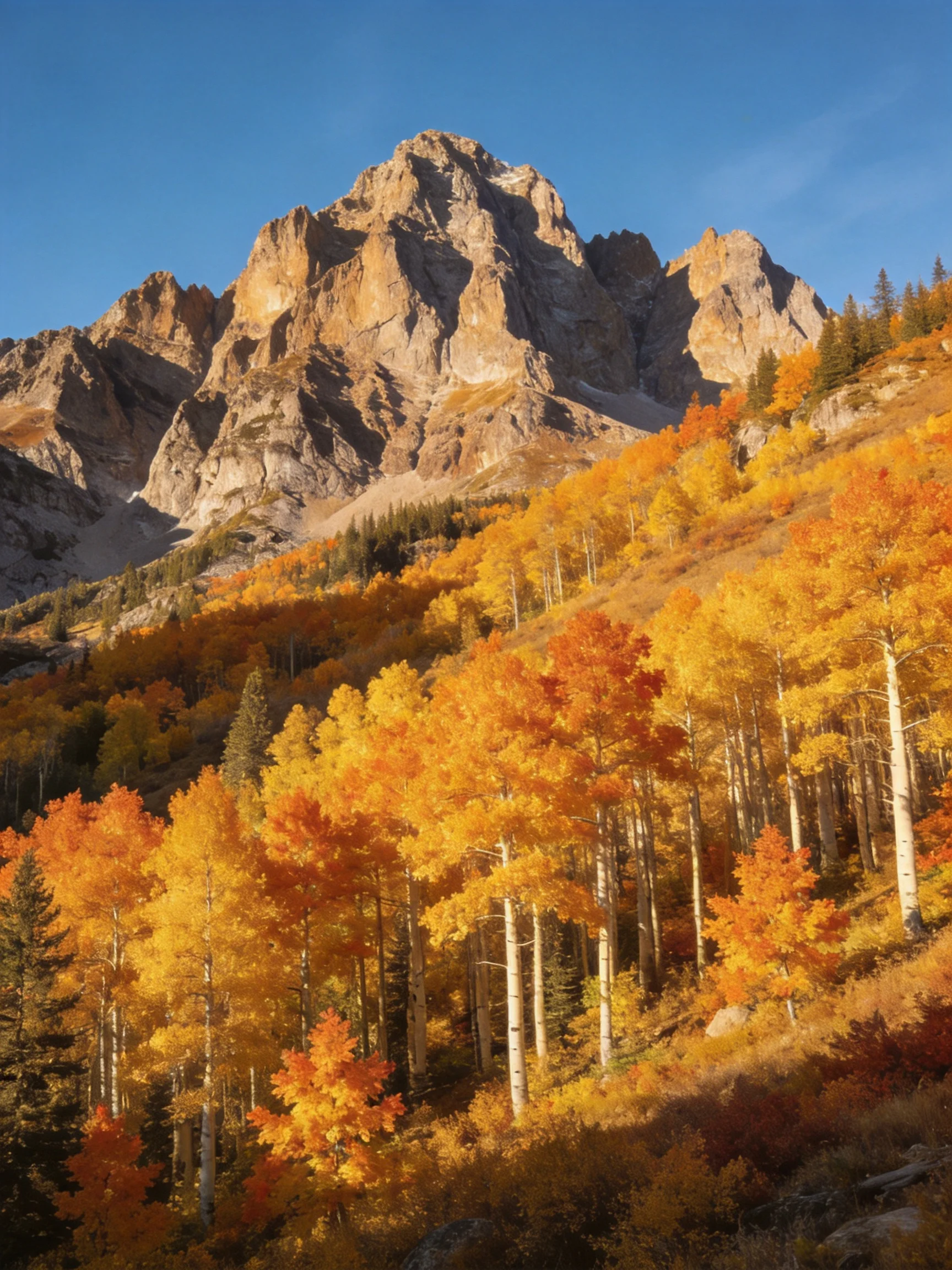 Rugged mountain peak with golden-orange autumn aspen forest