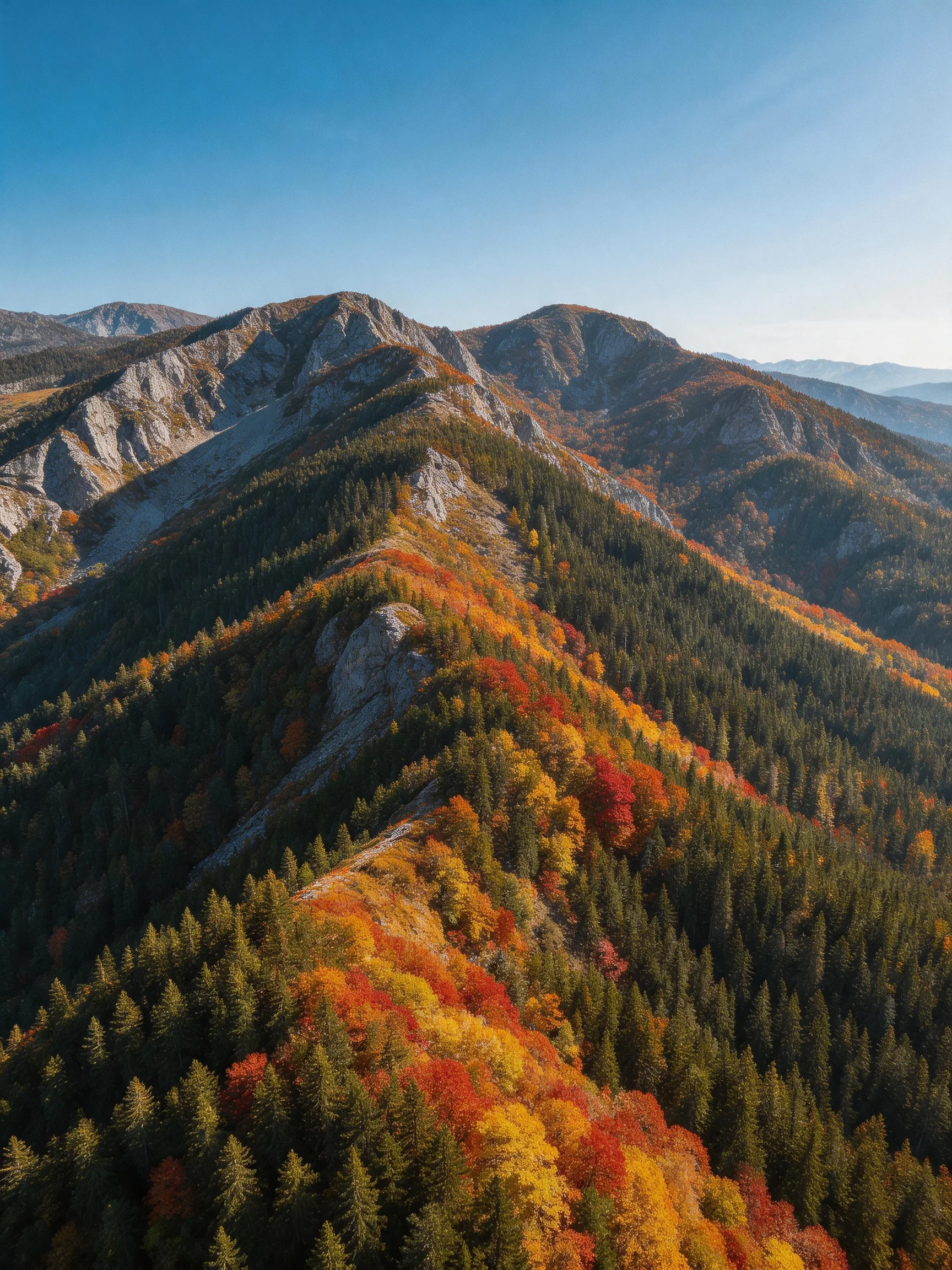 Rugged mountain peaks surrounded by colorful autumn forests