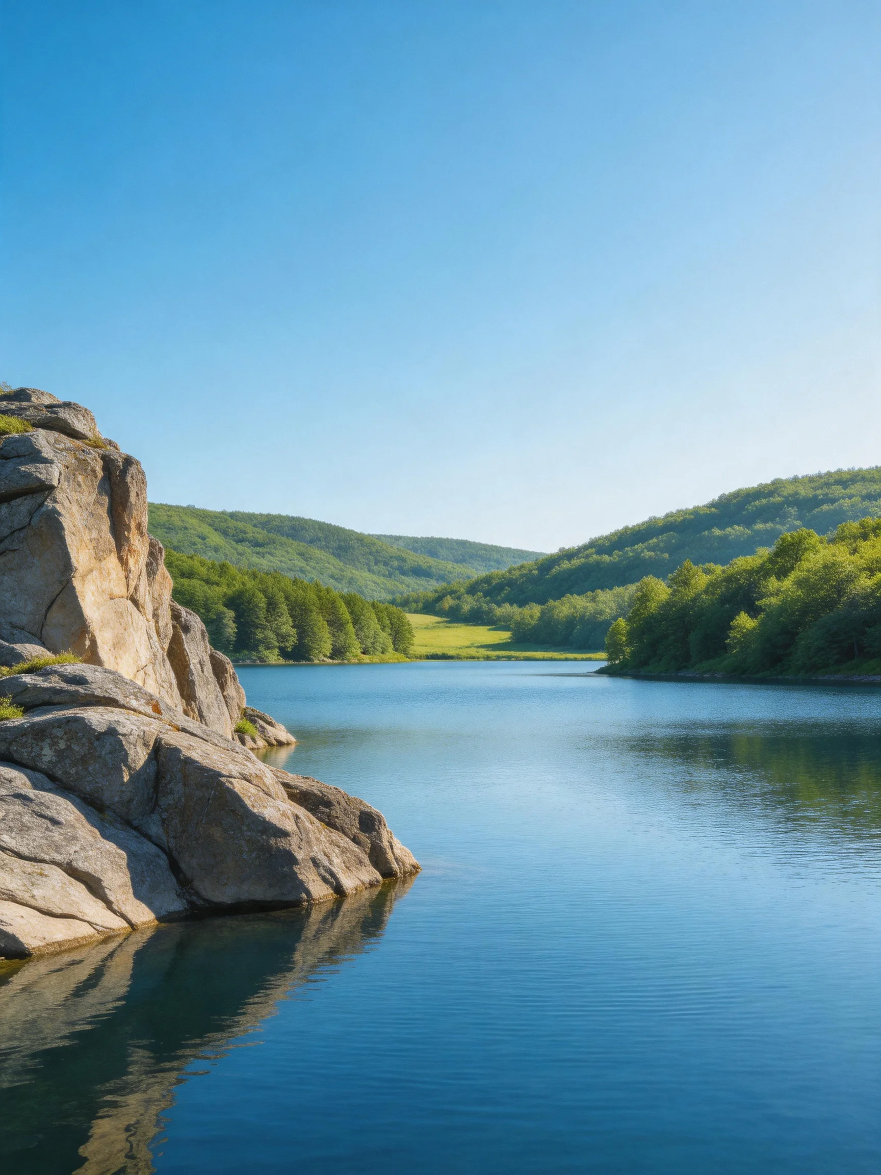 Rugged rocks border a calm lake amid verdant hills