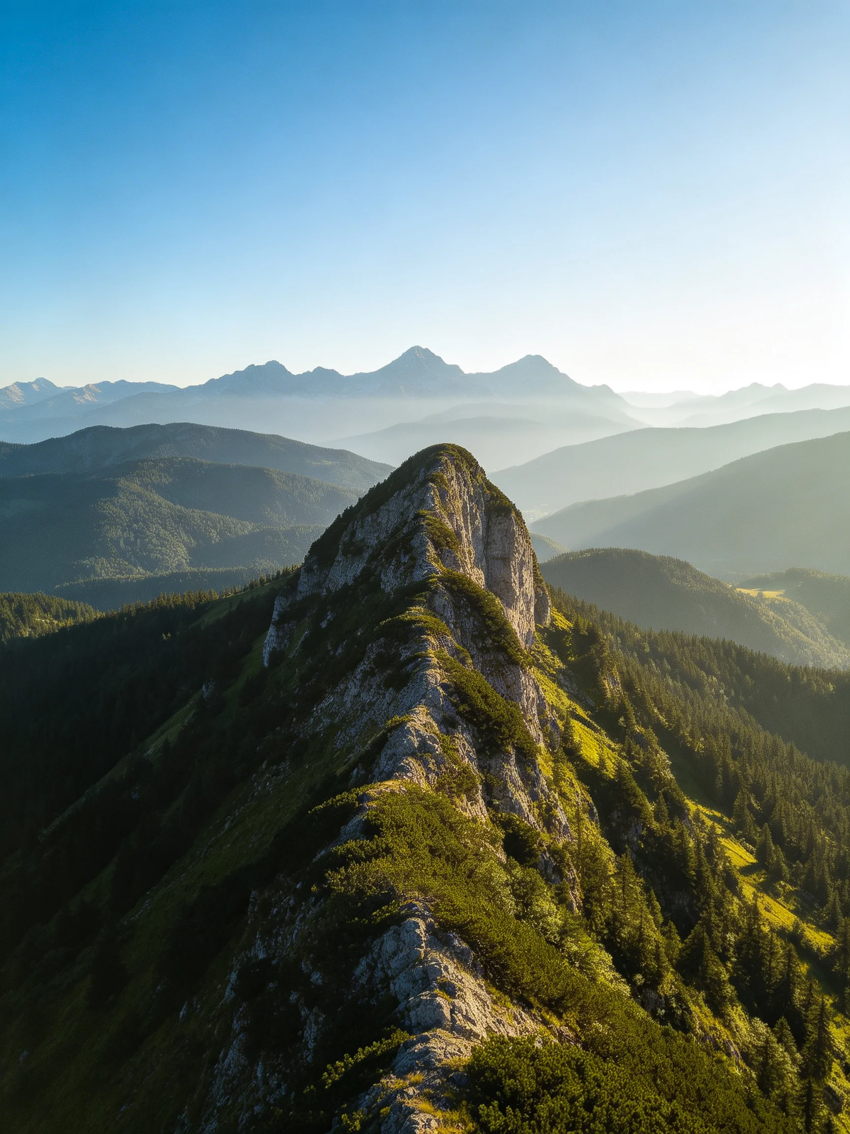 Rugged rocky peak amid layered forested mountains under clear blue skies