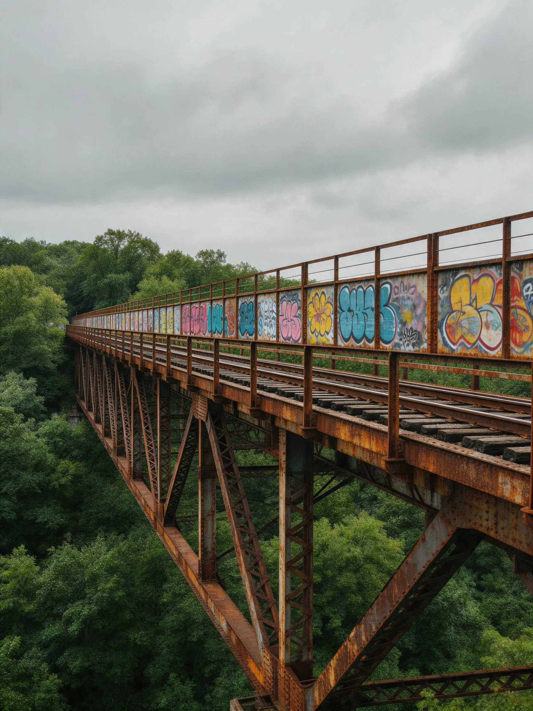 Rusted steel bridge with colorful graffiti spans lush greenery