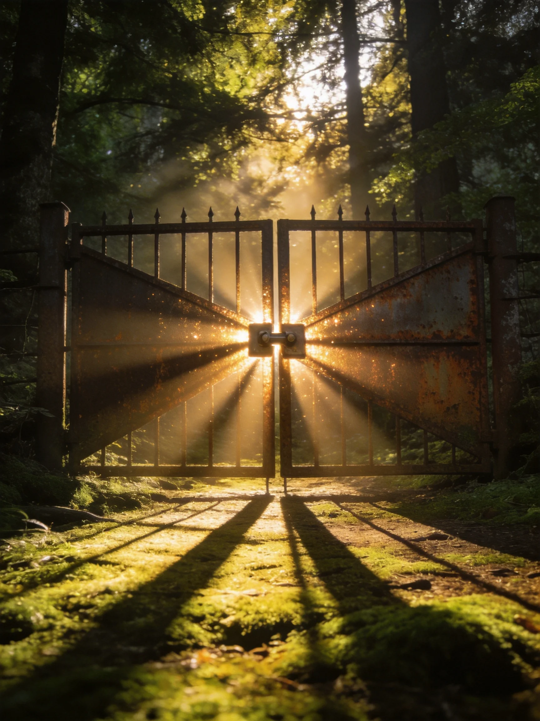 Rustic iron gates illuminated by golden forest sunlight