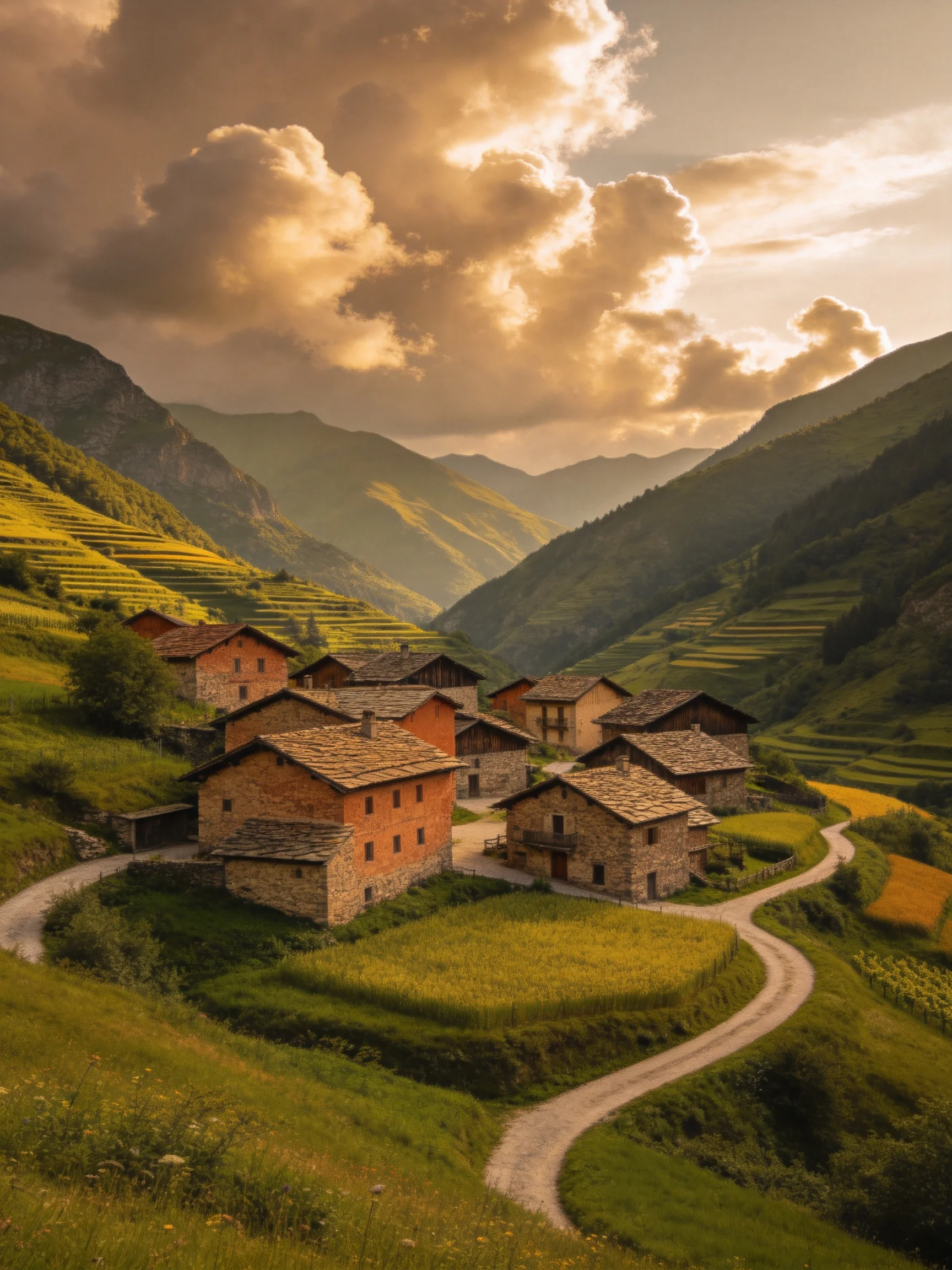 Rustic stone village amidst terraced green hills and mountains