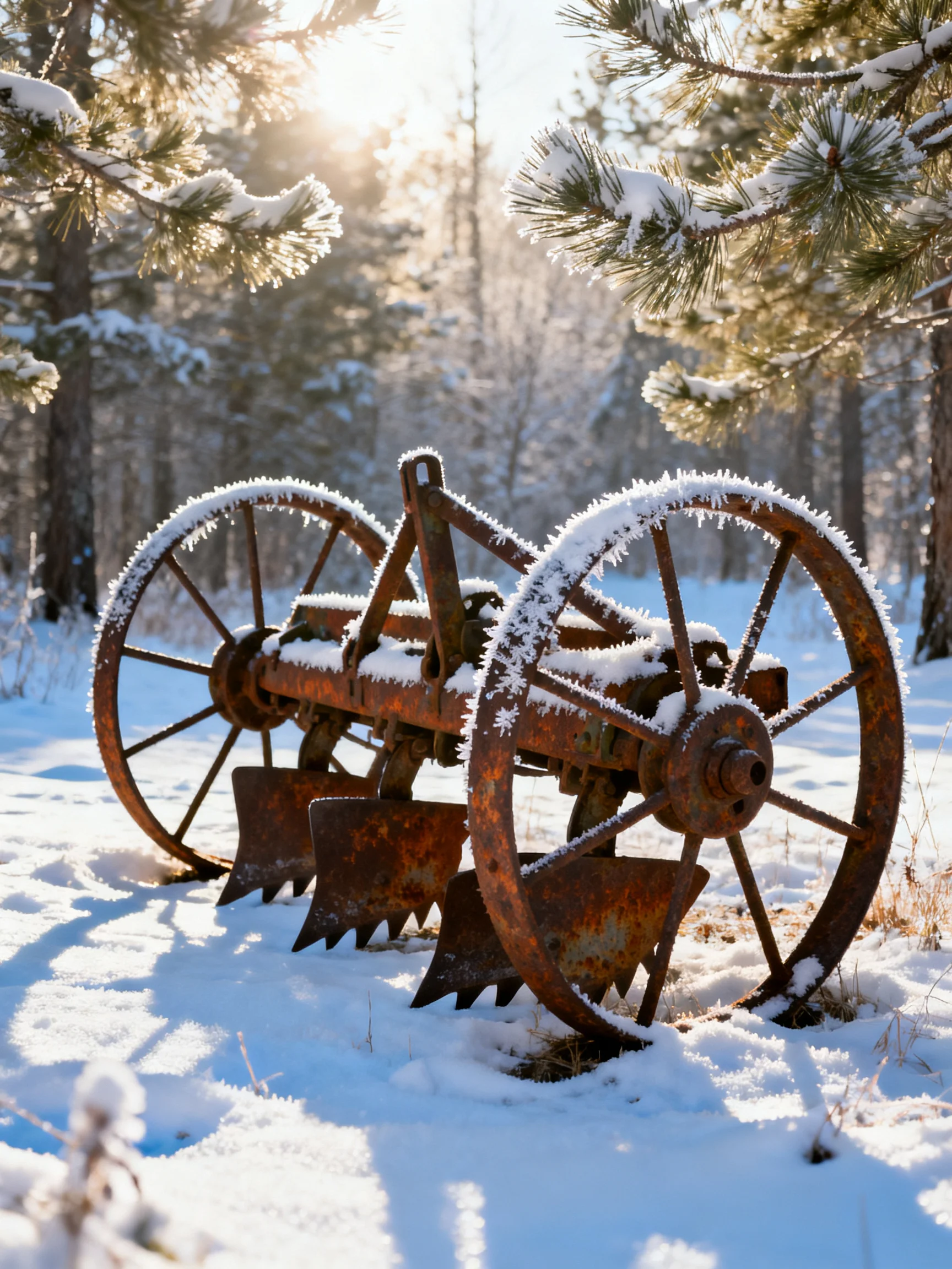 Rusty Farm Equipment Blanketed in Snow Amidst a Winter Forest