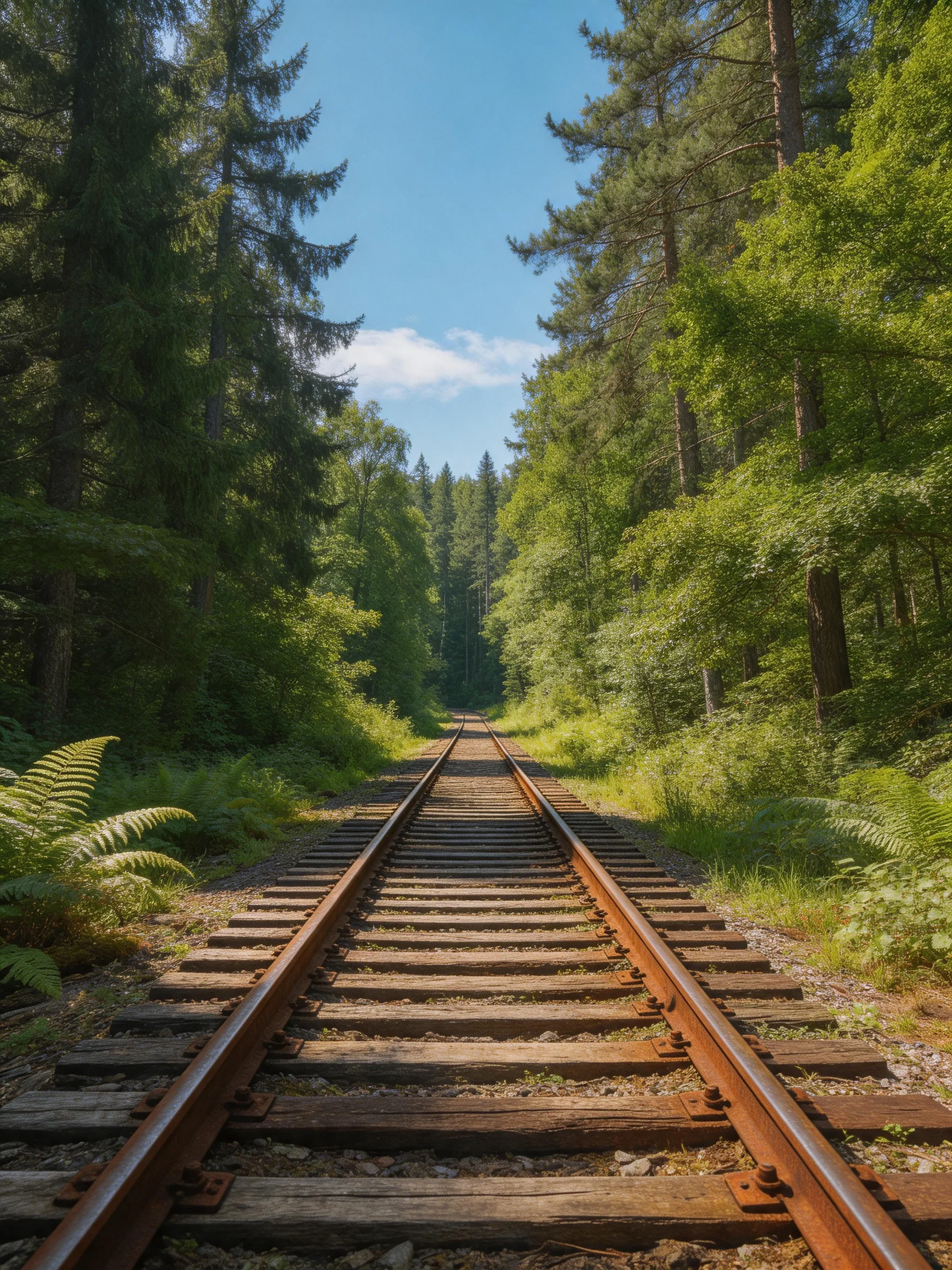 Rusty railroad tracks stretch through dense green forest under bright blue sky