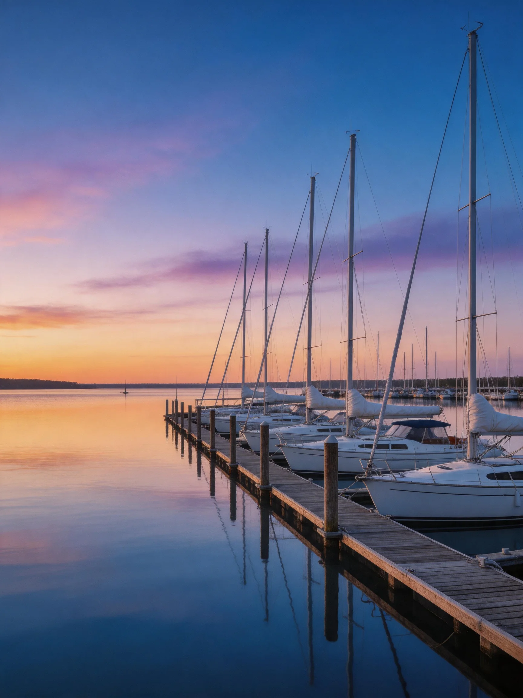 Sailboats docked at a pier with colorful twilight sky reflections