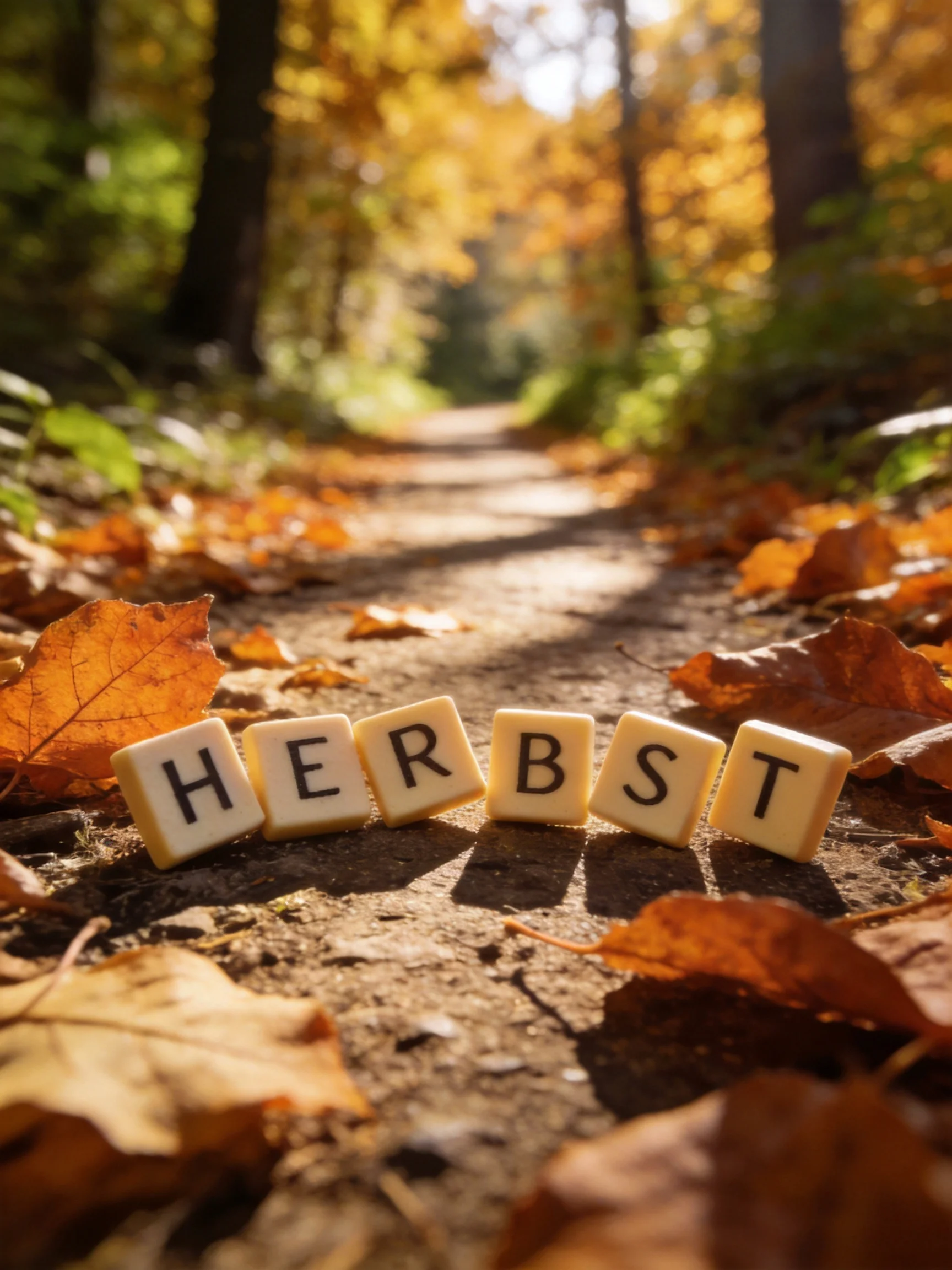 Scrabble tiles spelling “HERBST” rest on a sun-dappled forest path, surrounded byfallen autumn le