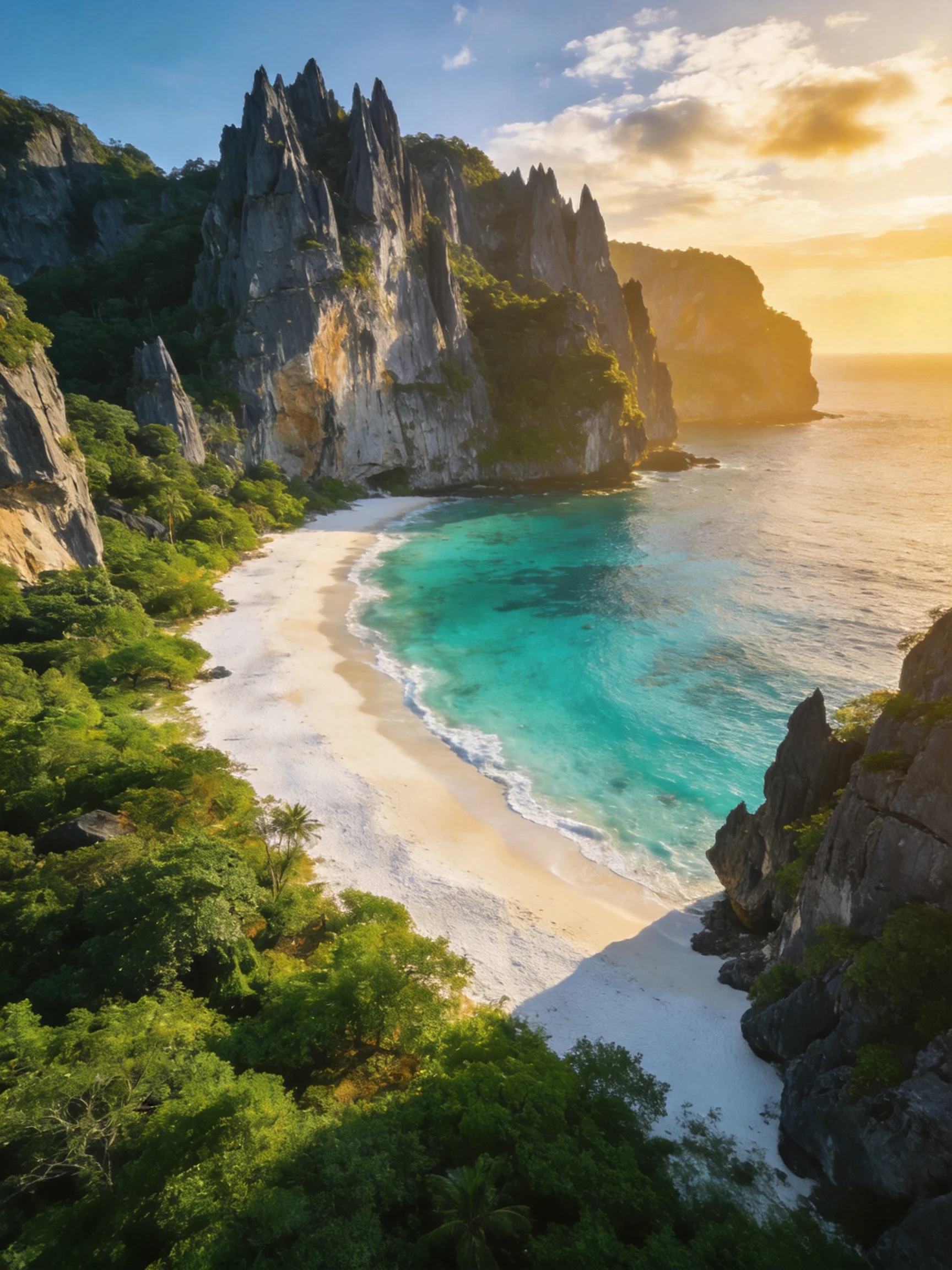 Secluded Beach with White Sand, Turquoise Waters, and Jagged Cliffs Under Golden Sunset