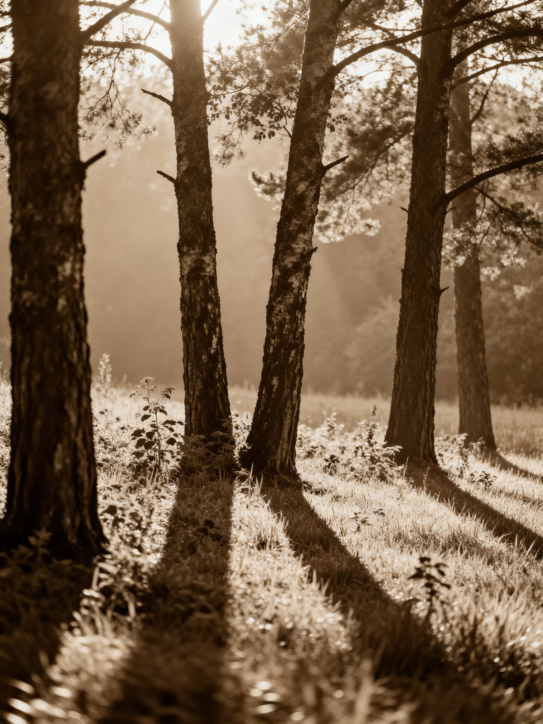 Sepia-Tone Forest with Tall Trees and Long Shadows