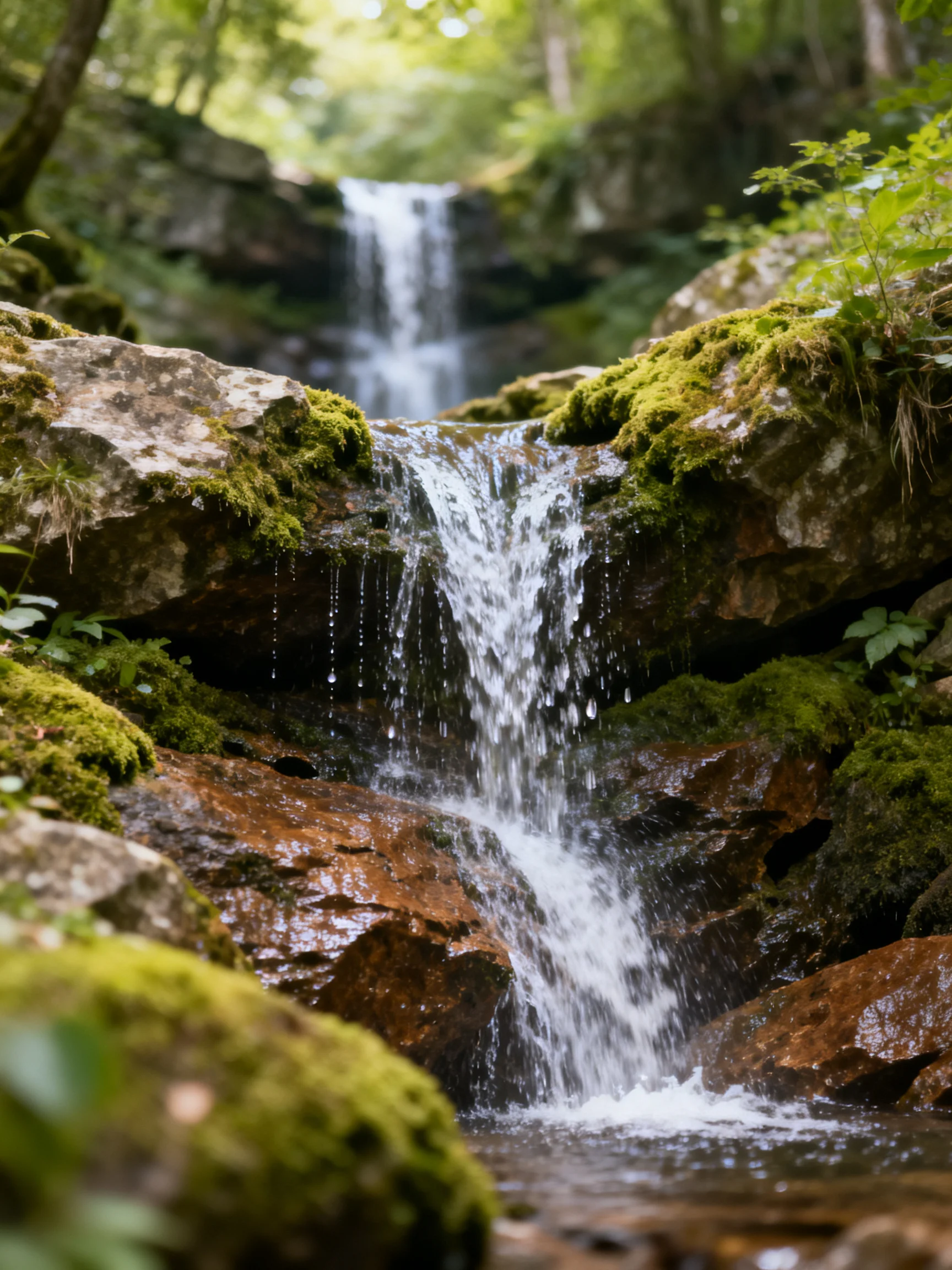 Serene Forest Waterfall with Moss-Covered Rocks