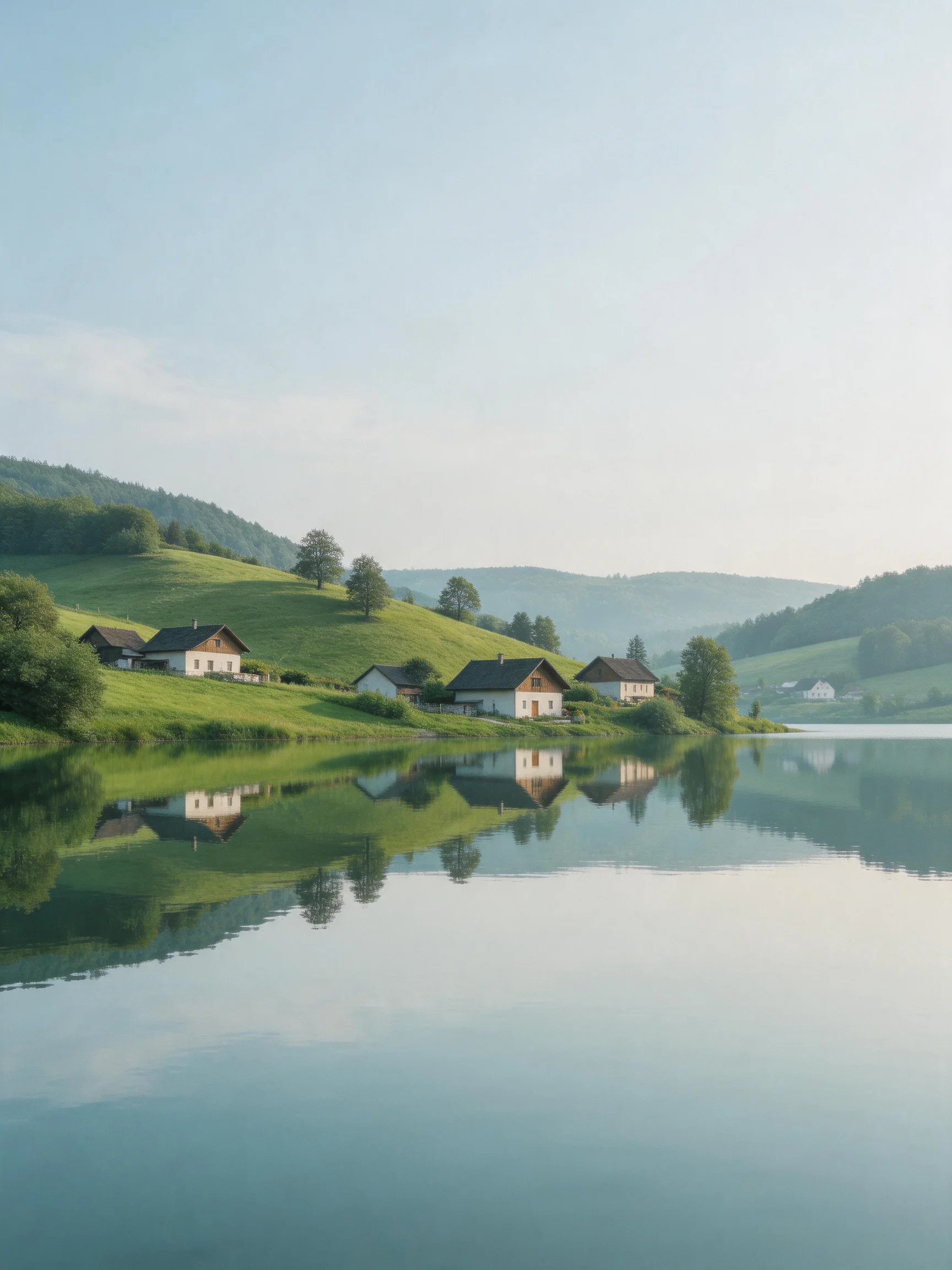 Serene Lakefront Village with Lush Rolling Green Hills