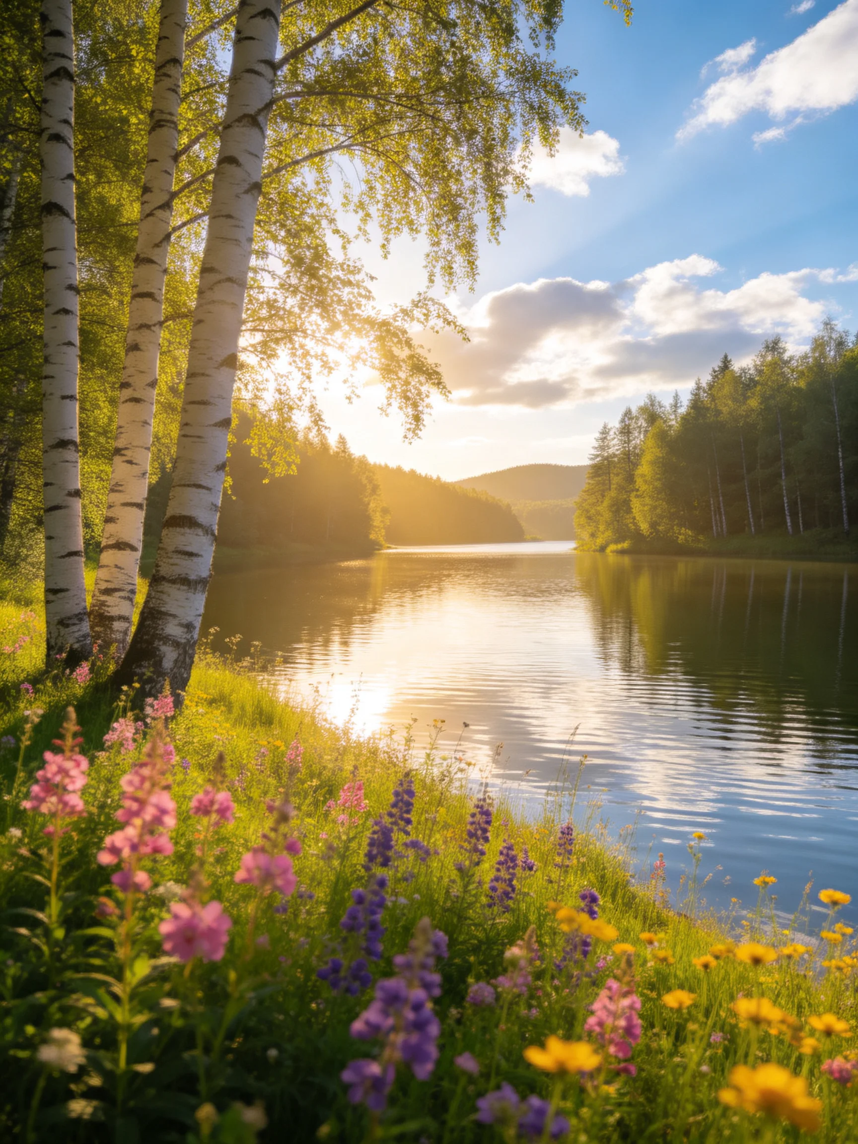 Serene Lakeside with Birch Trees and Colorful Wildflowers