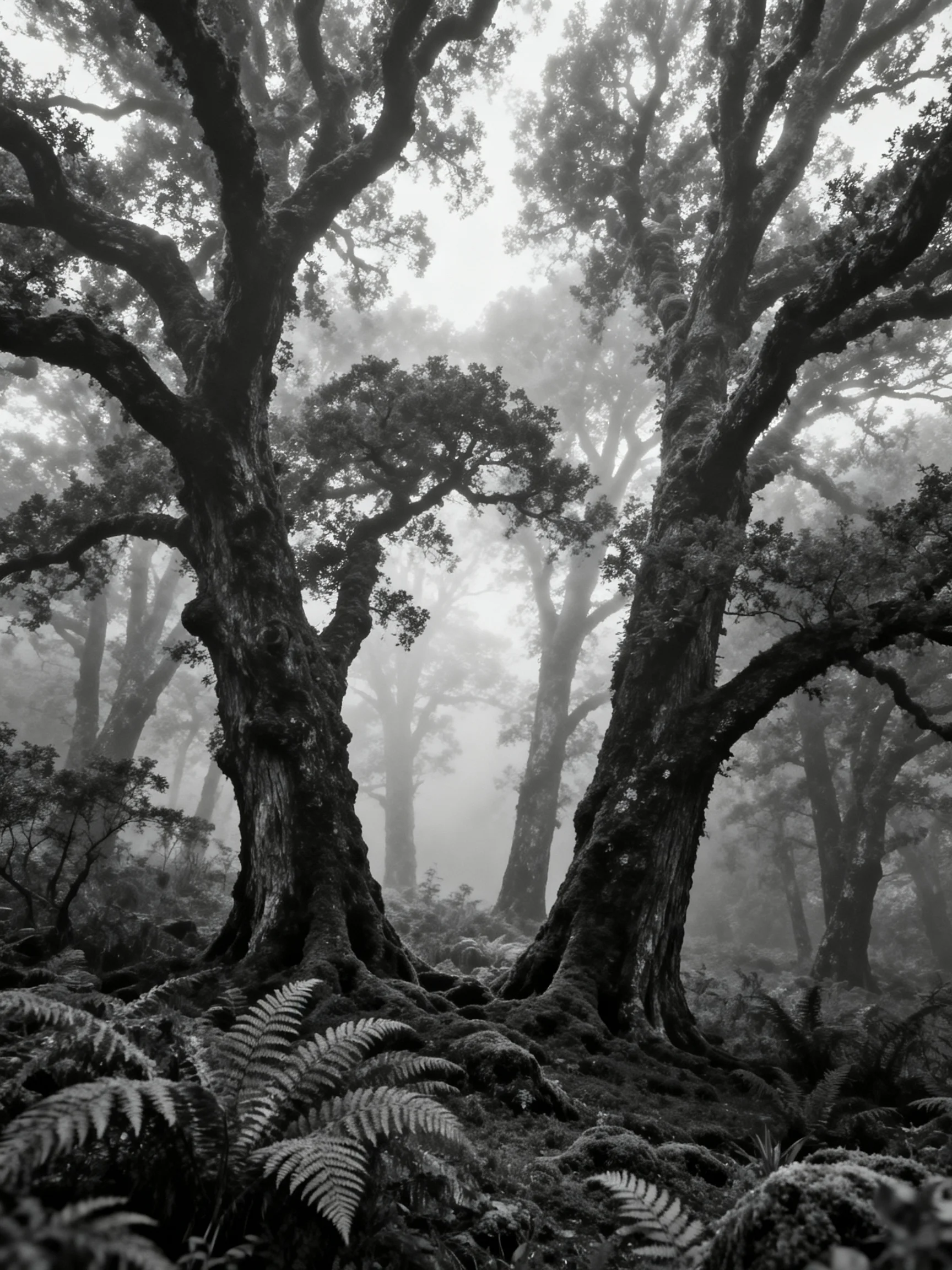 Serene Misty Forest with Ancient Giant Trees and Ferns