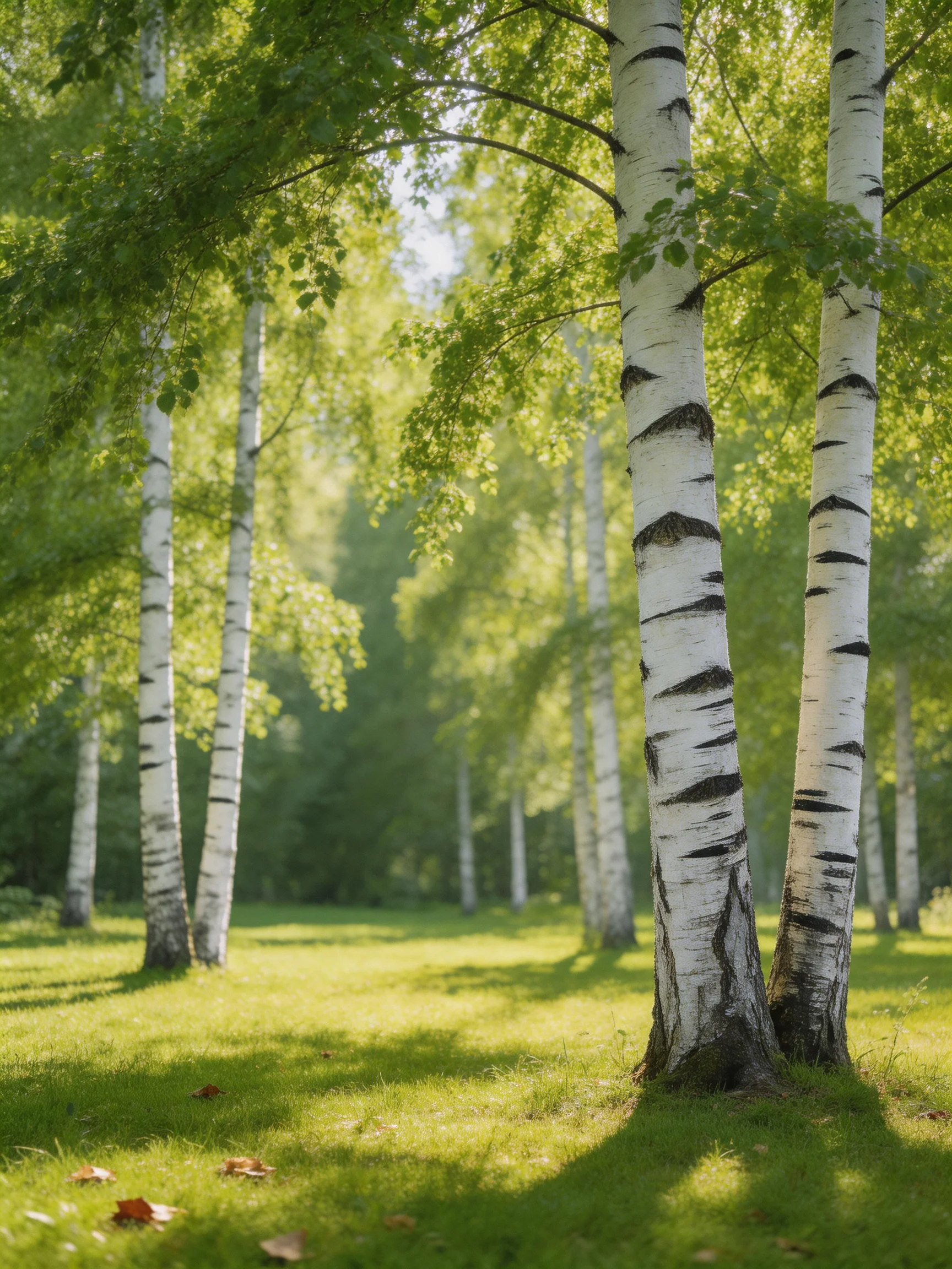 Serene forest with white-barked birches and lush green foliage
