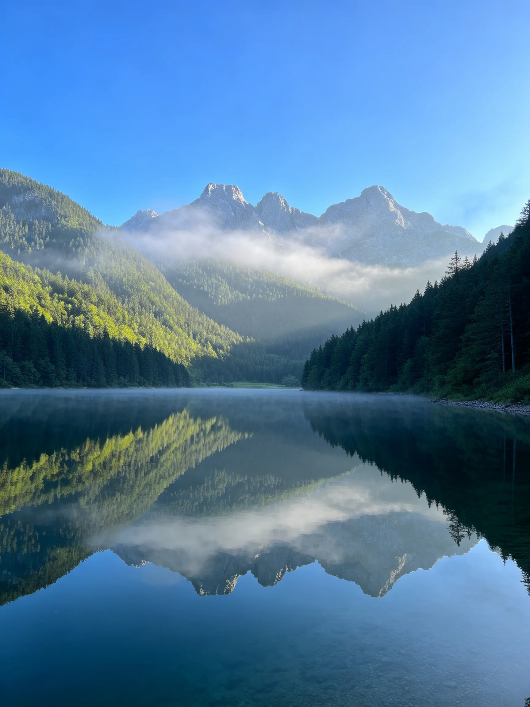 Serene lake reflects misty mountain peaks and dense forests