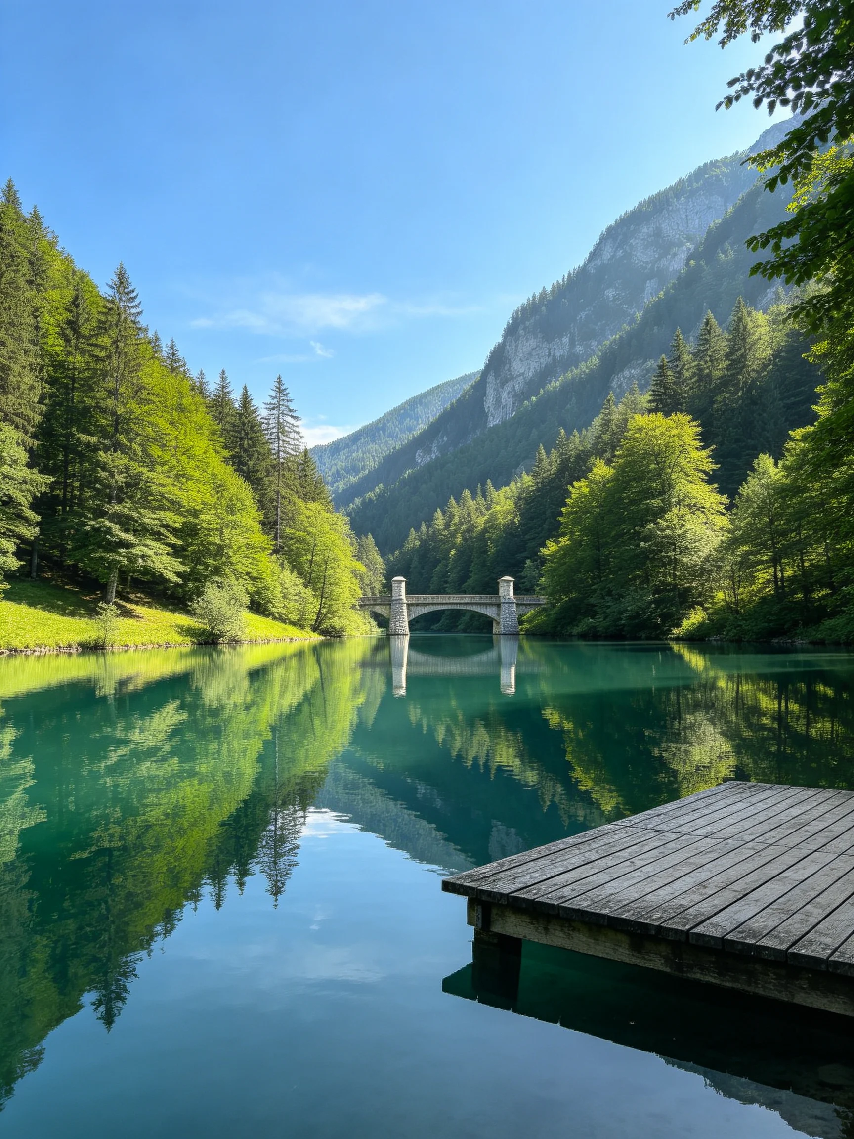 Serene lake with turquoise water, stone bridge, forested mountains
