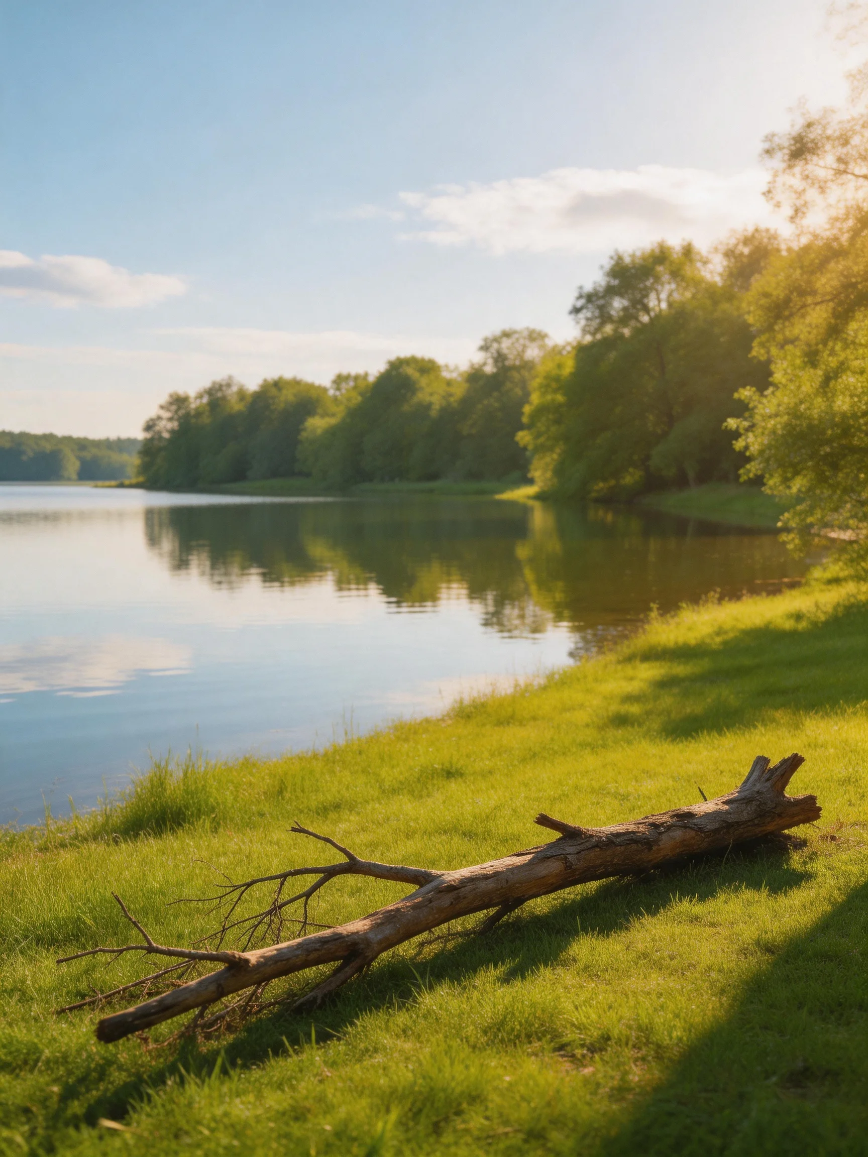 Serene lakeshore with lush greenery and a fallen log