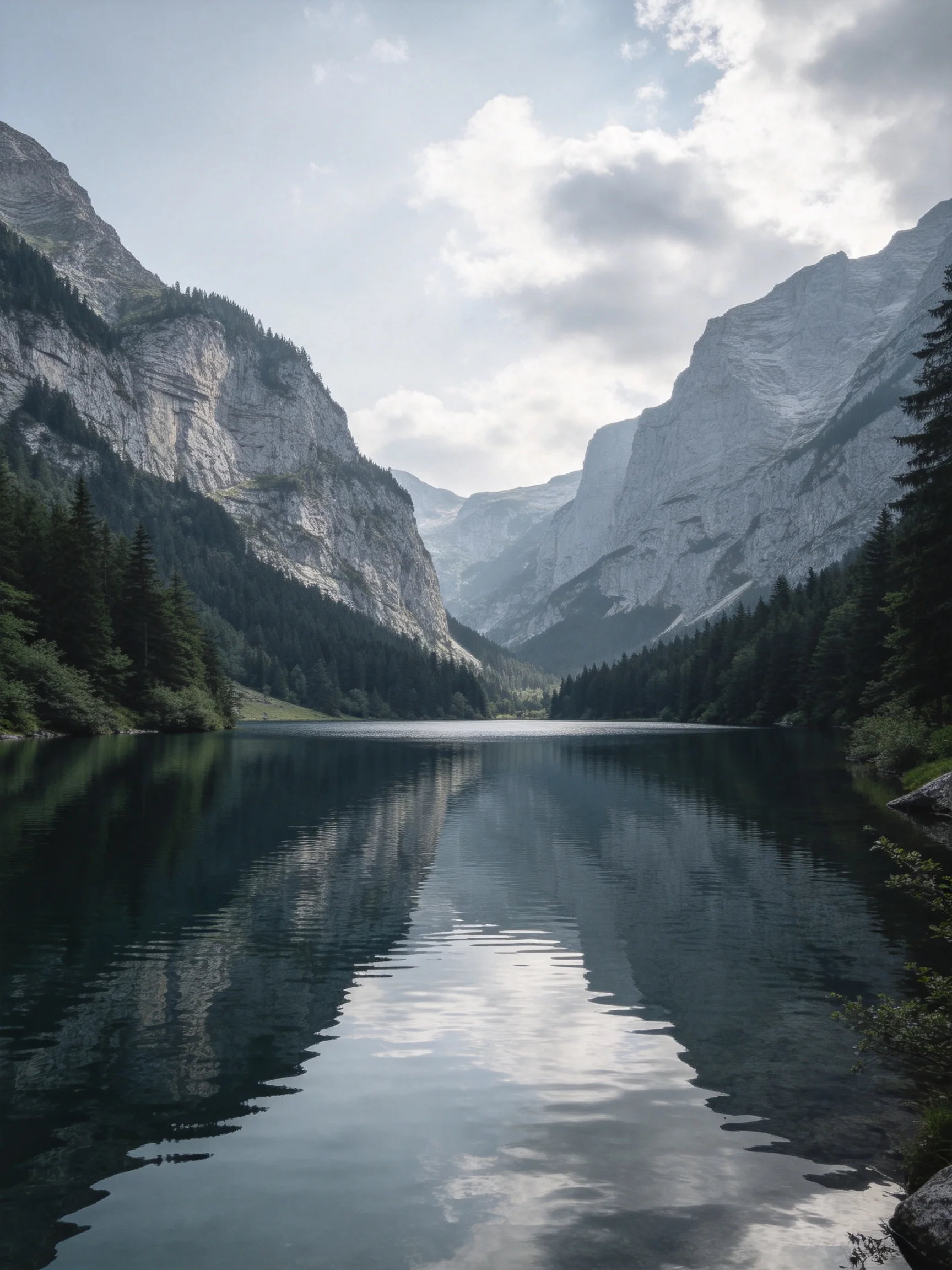 Serene mountain lake reflects towering cliffs and dense forests