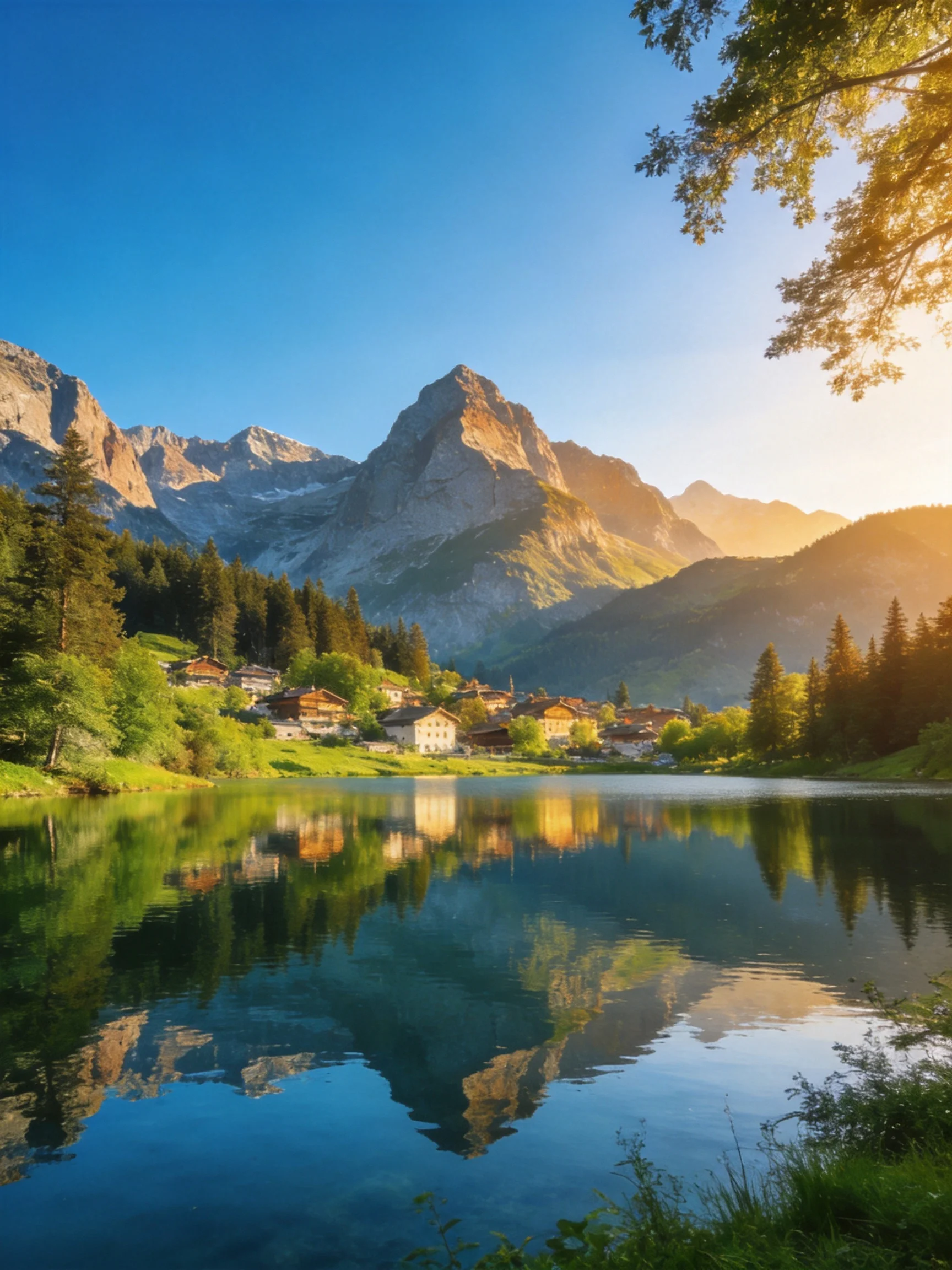 Serene mountain village reflected in calm blue lake under golden light
