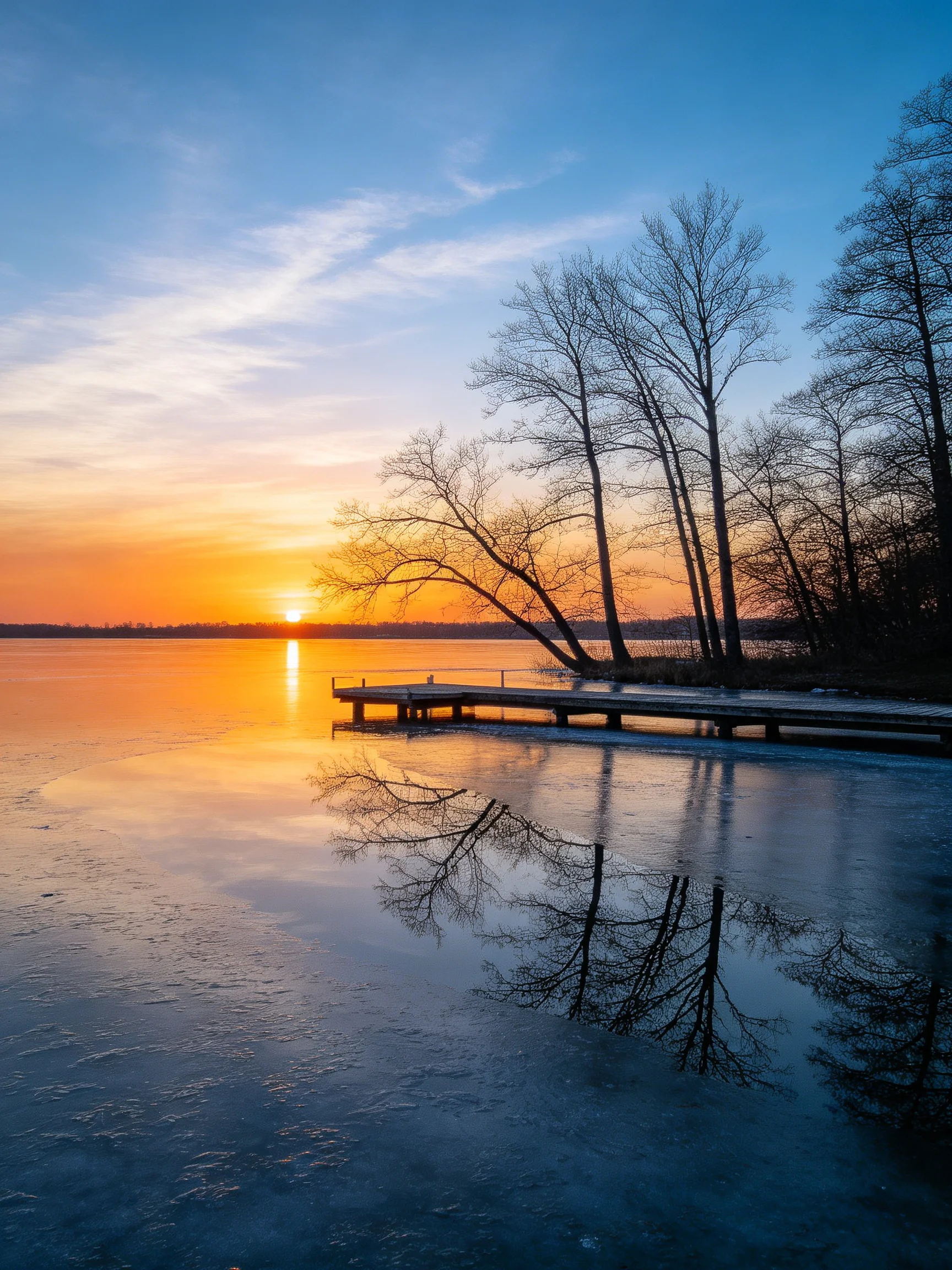 Serene winter sunset over frozen lake with bare trees and wooden dock