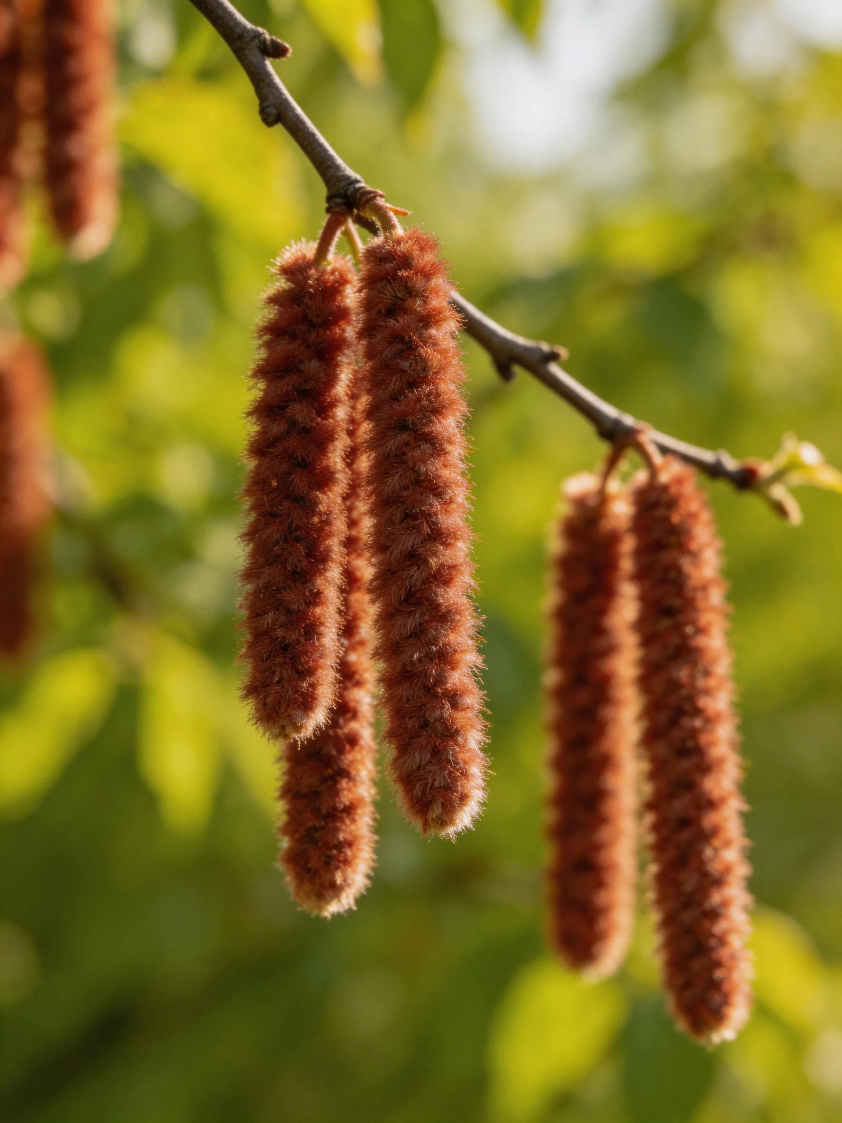 Several brown, fuzzy catkins dangle from slender tree branches