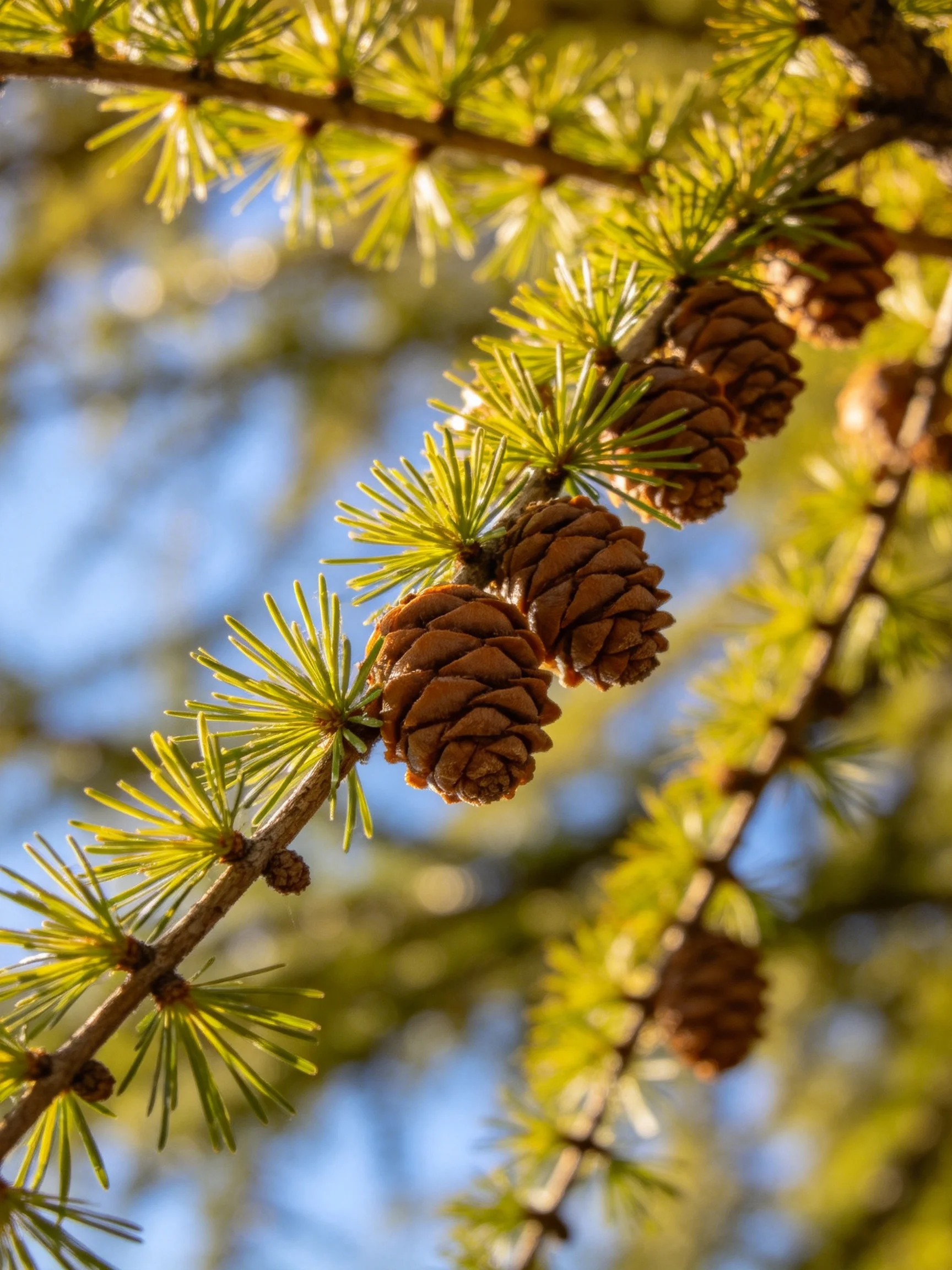 Several brown pine cones hang from green-limbed tree branches.