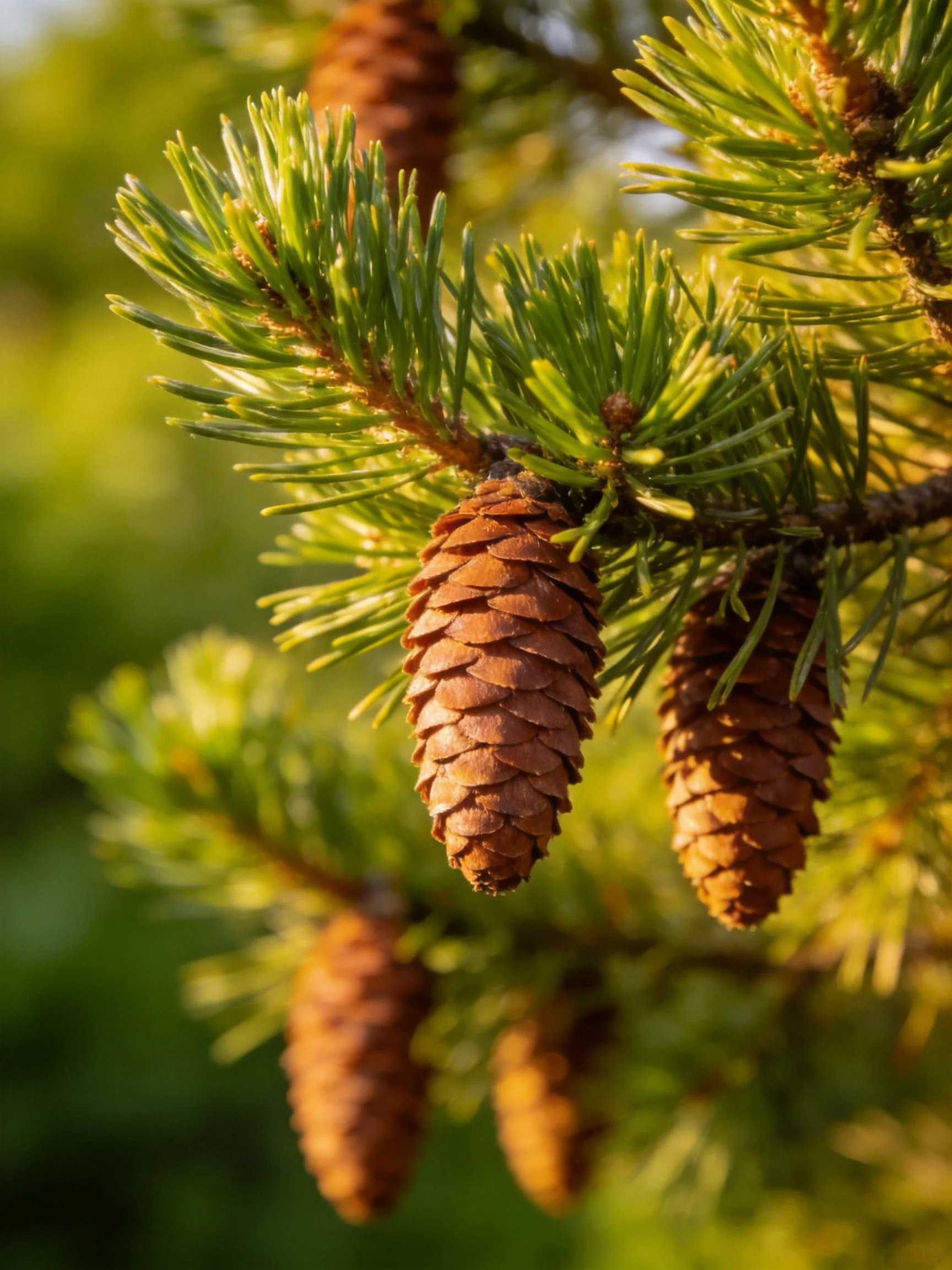 Several brown pine cones hang from lush green pine branches under warm light