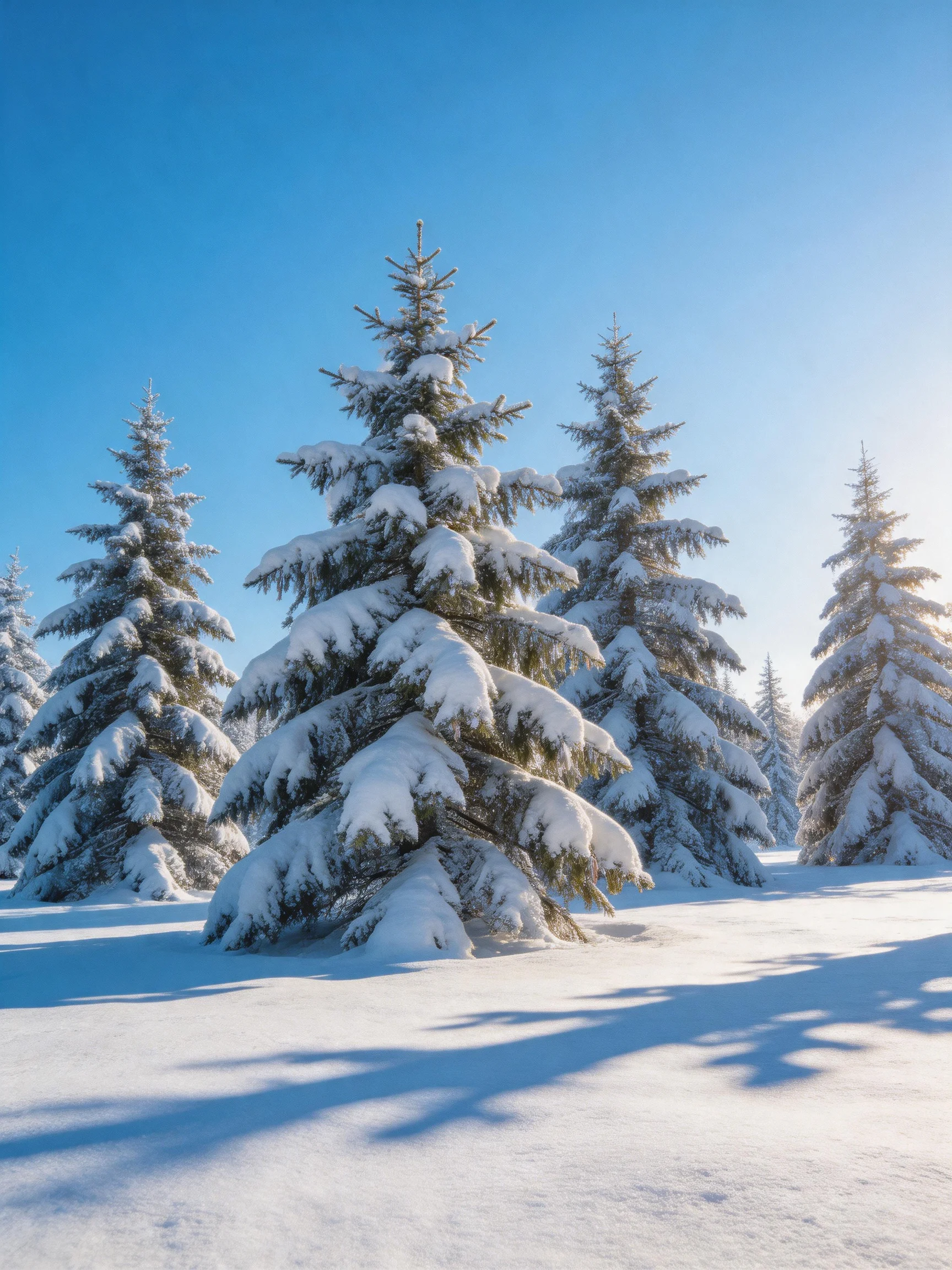 Several snow - laden evergreen trees stand in a bright, snowy landscape under a clear blue sky