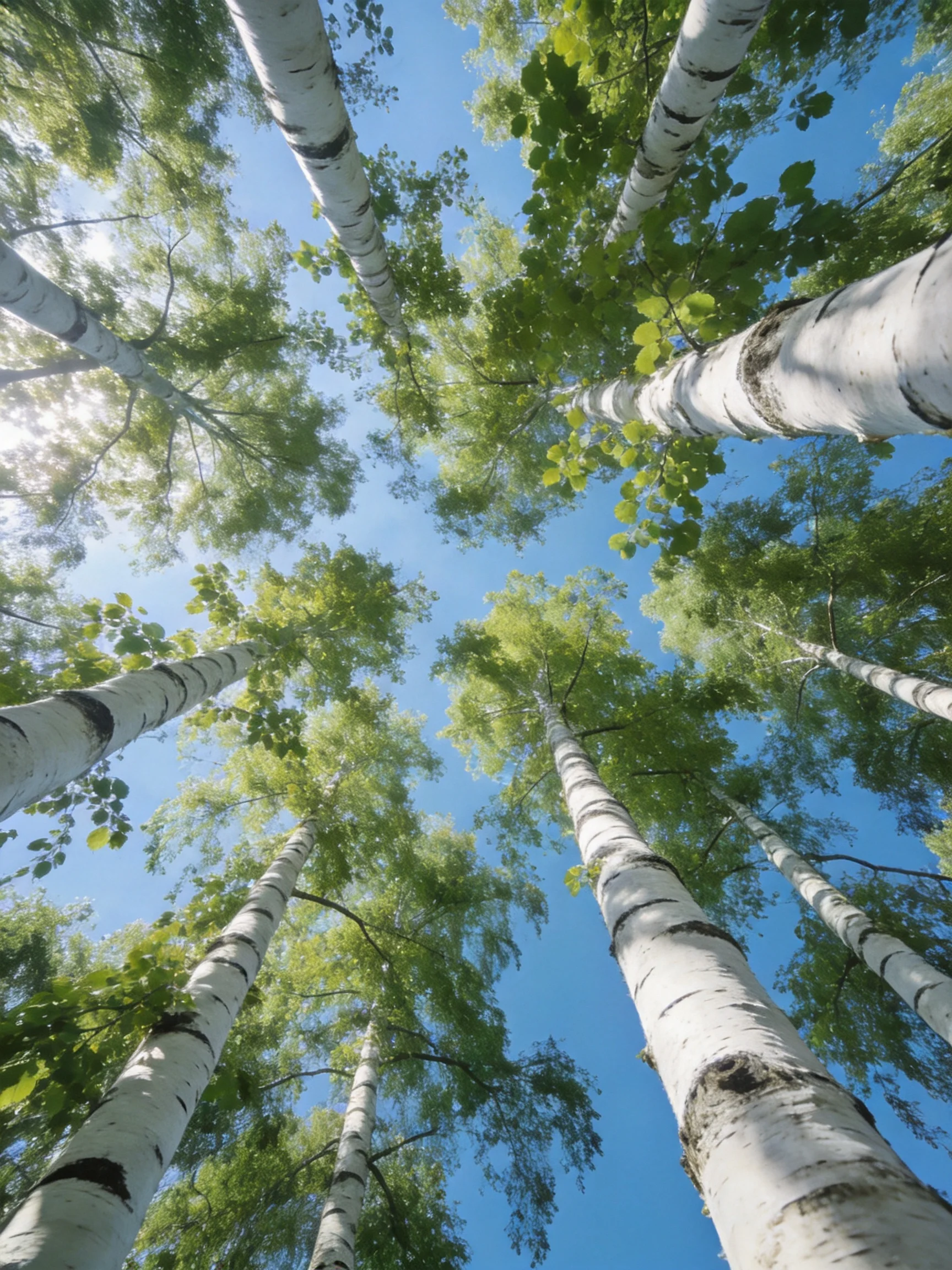 Several tall birch trees with white trunks and green leaves under blue sky