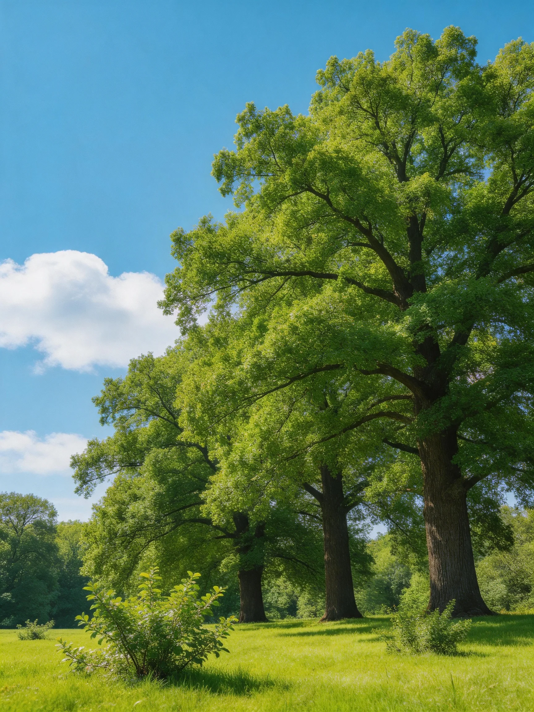 Several tall green trees stand in a sunlit meadow with clear blue sky