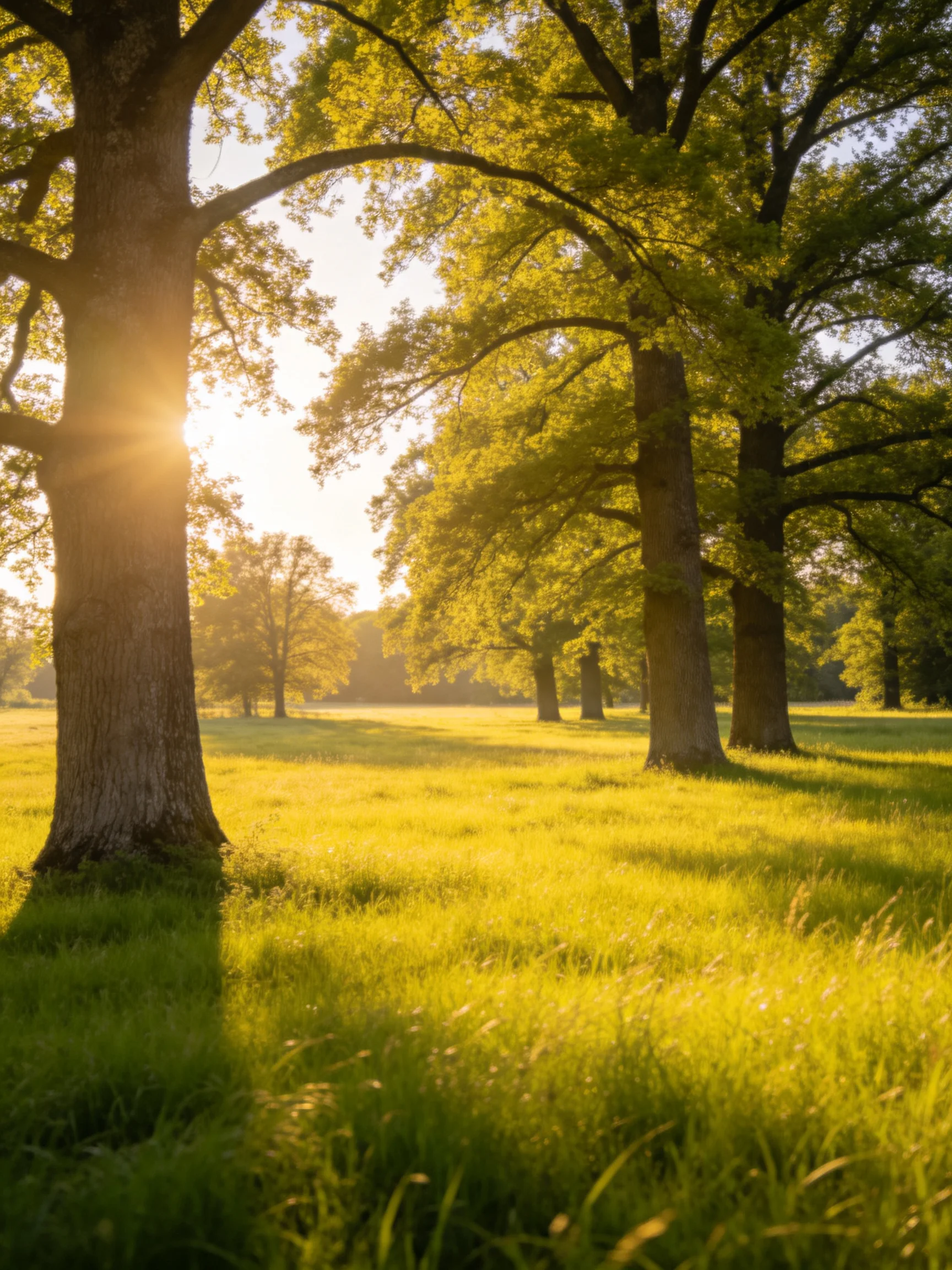 Several tall oak trees stand in a sunlit green meadow with golden sunlight filtering through.