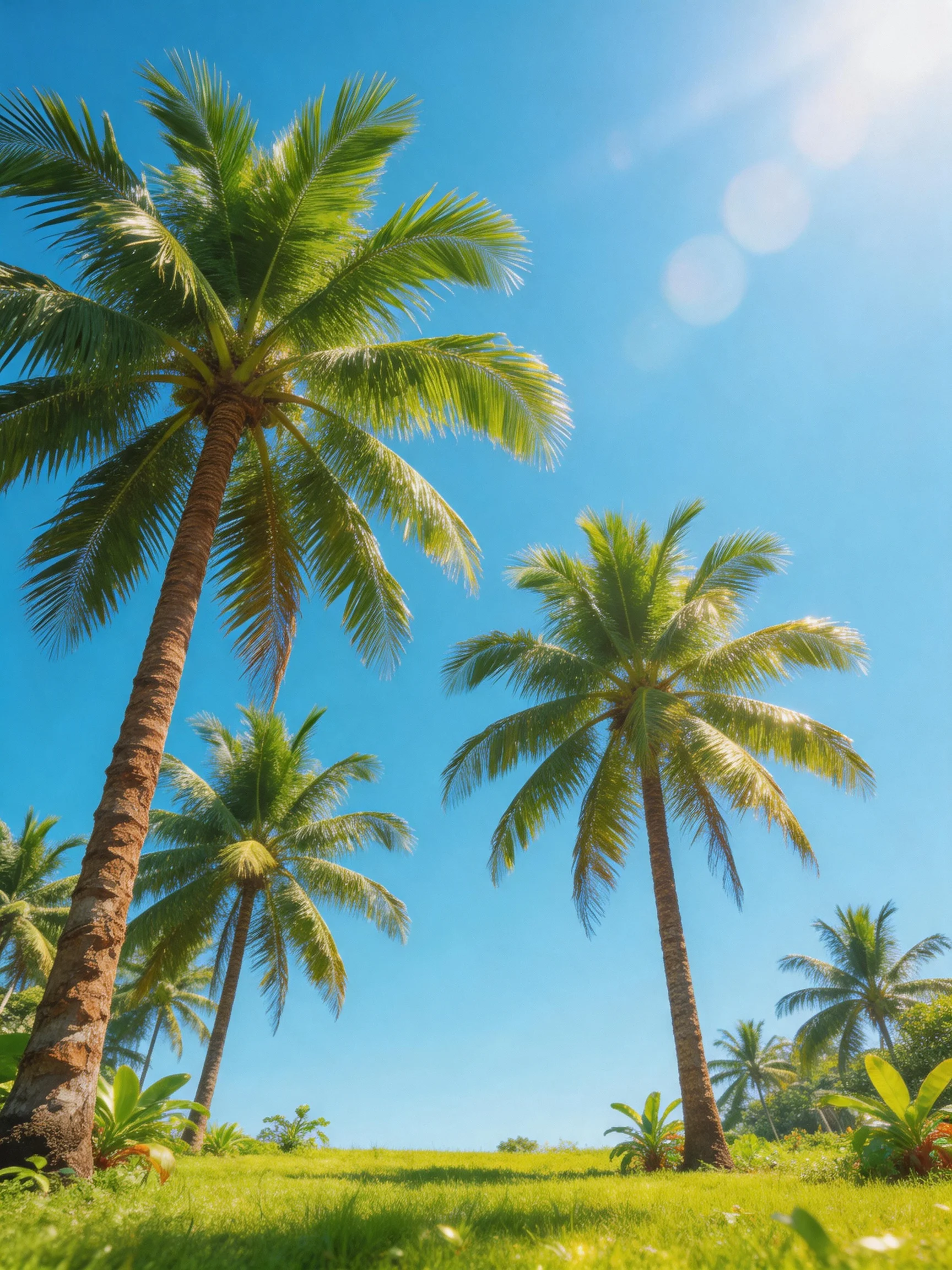 Several tall palm trees tower over lush green grass under a clear blue sky