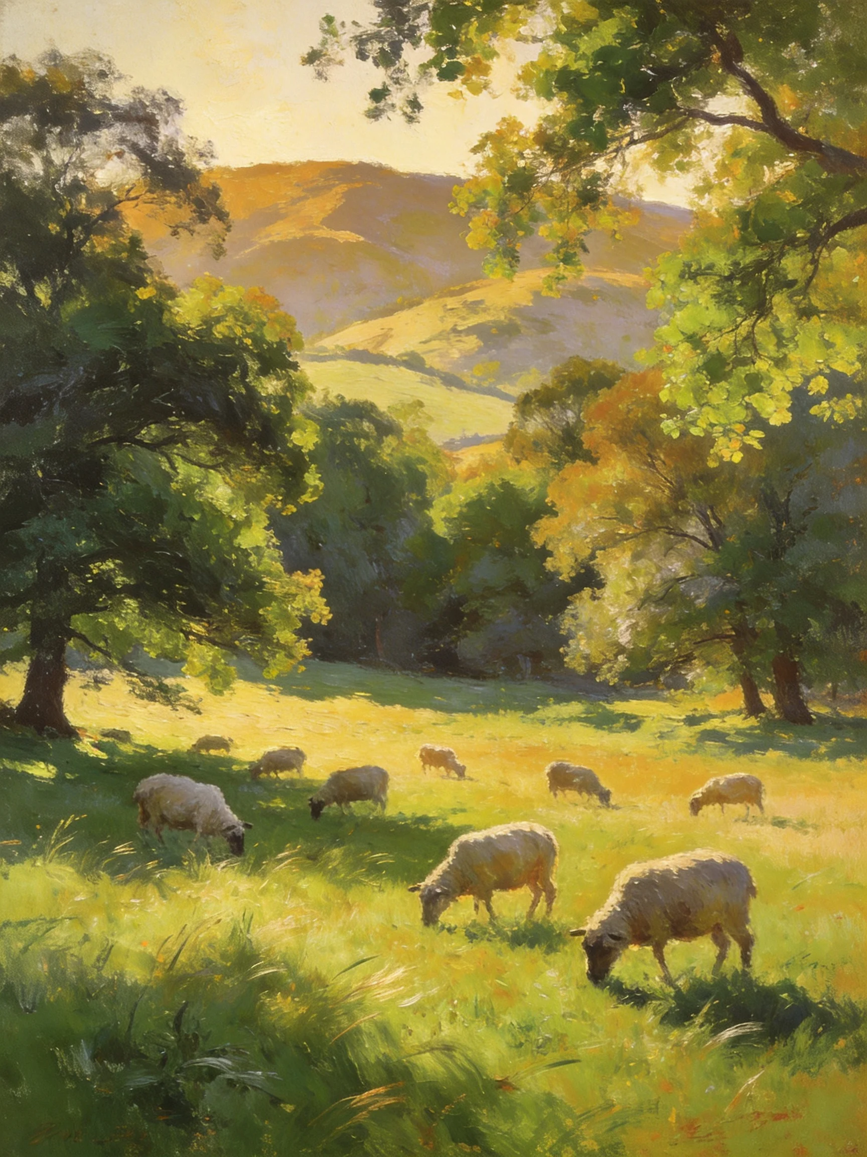 Sheep grazing in a sunlit meadow with lush trees and rolling hills