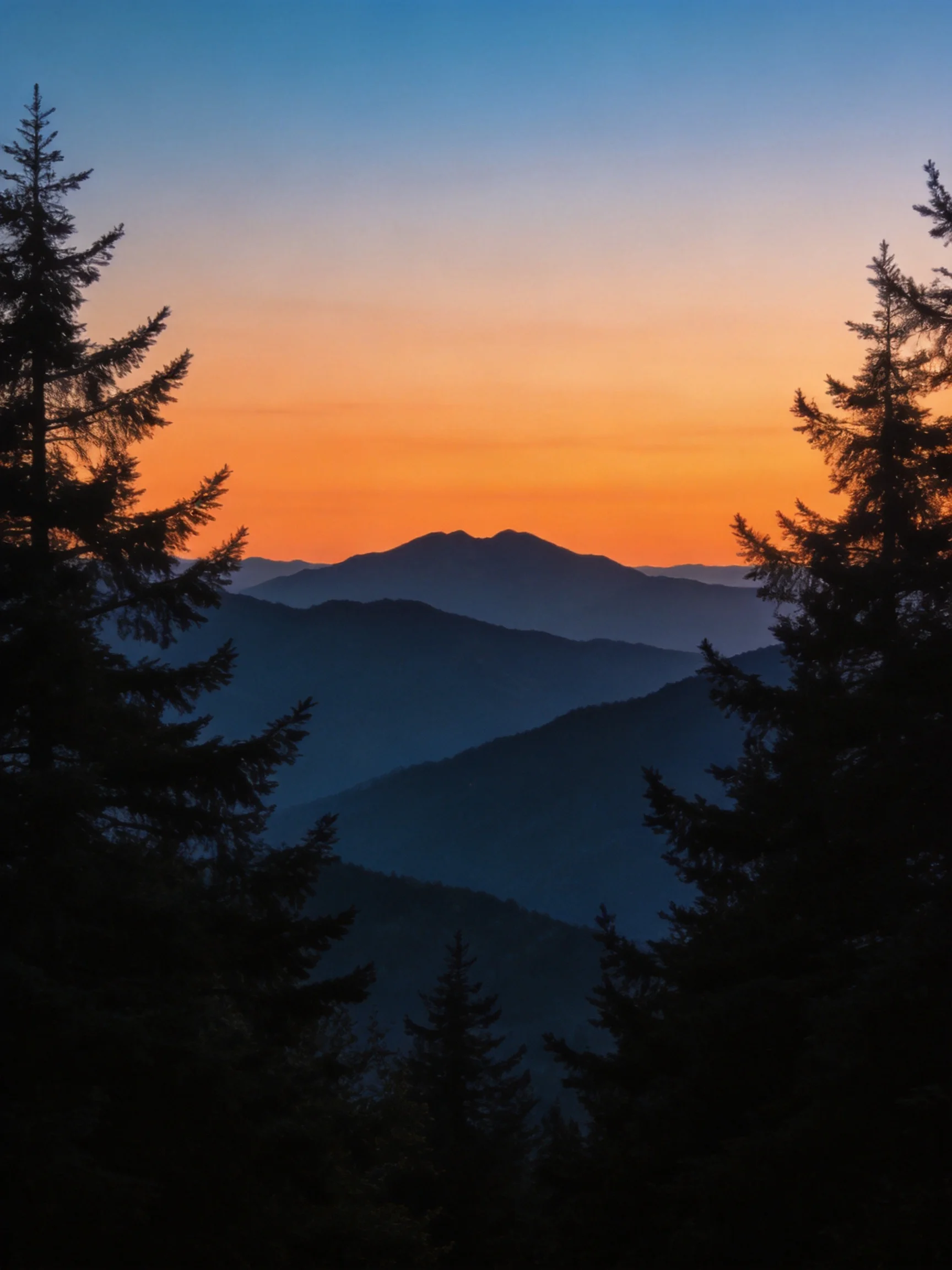 Silhouetted Pines Frame Layered Mountain Peaks at Sunset