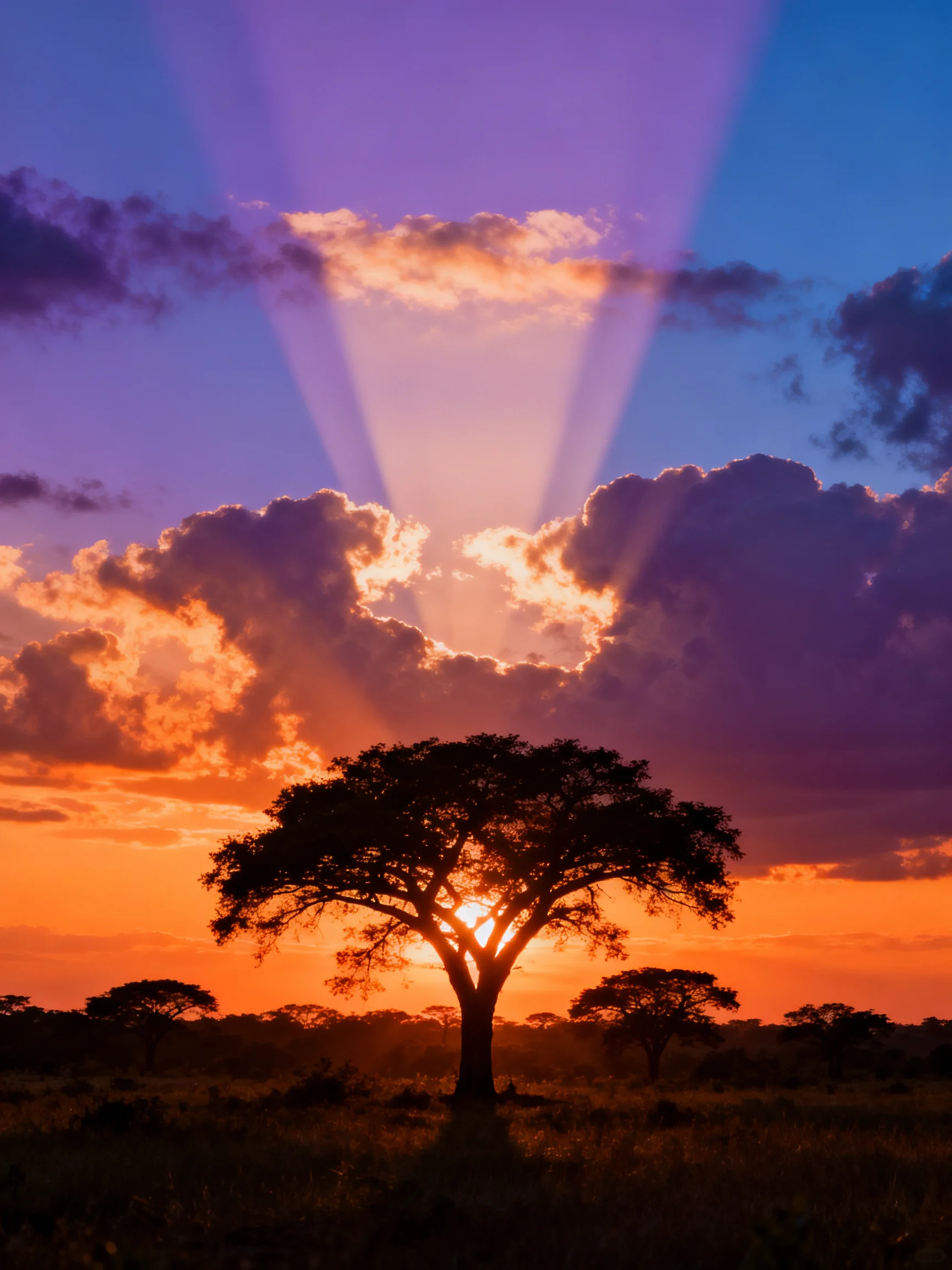 Silhouetted Tree Under Vibrant Sunset Sky with Sunbeams