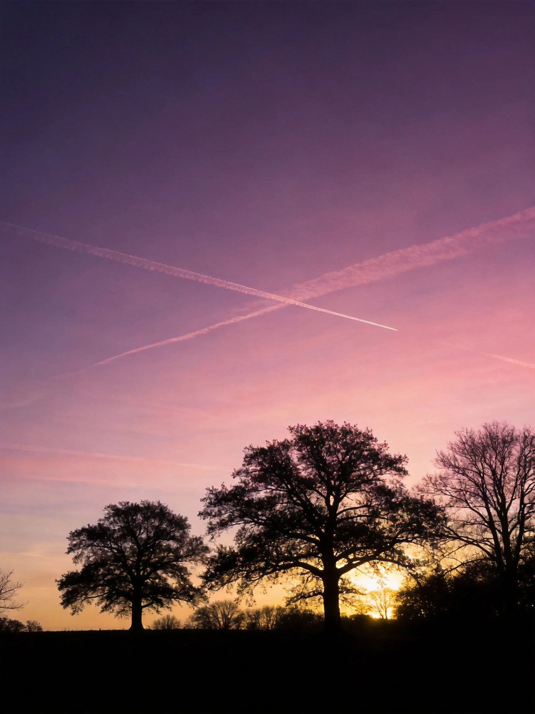 Silhouetted Trees Against a Vibrant Sunset Sky with Contrail Crossings