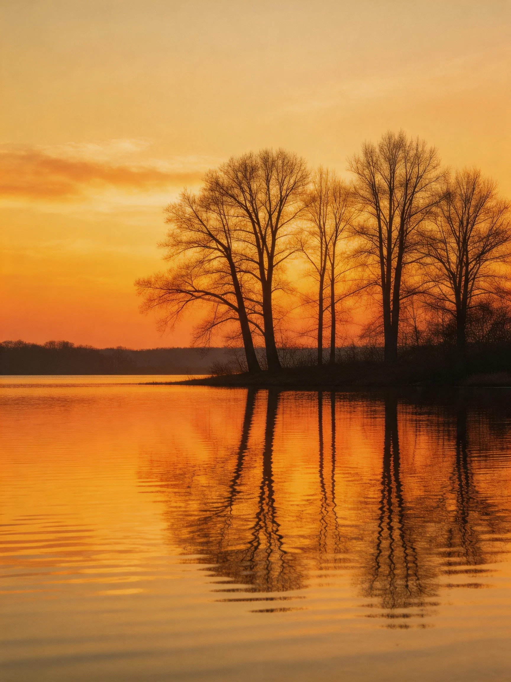 Silhouetted bare trees reflect in calm lake during golden sunset