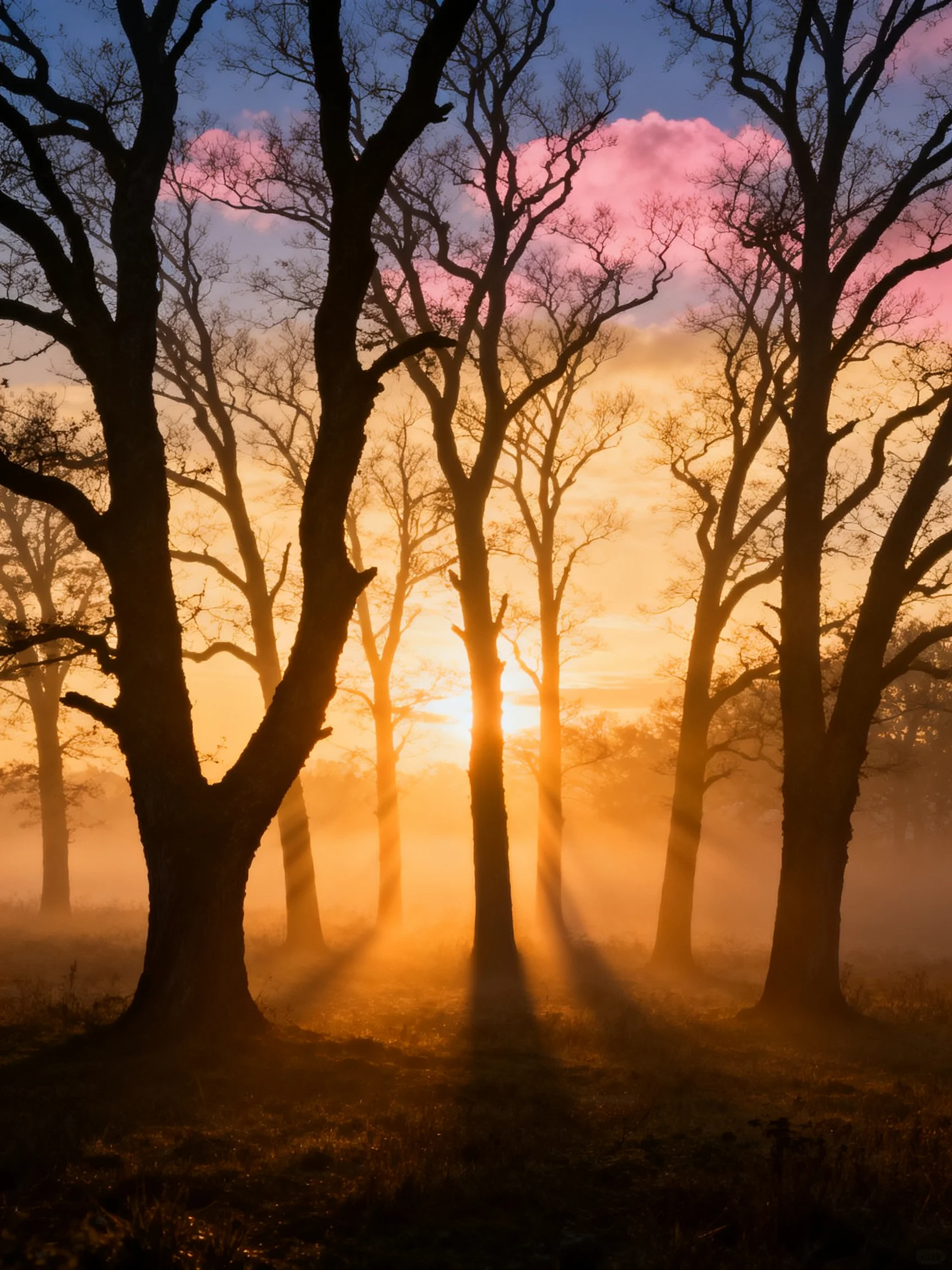 Silhouetted oak trees in a forest bathed in golden sunrise light
