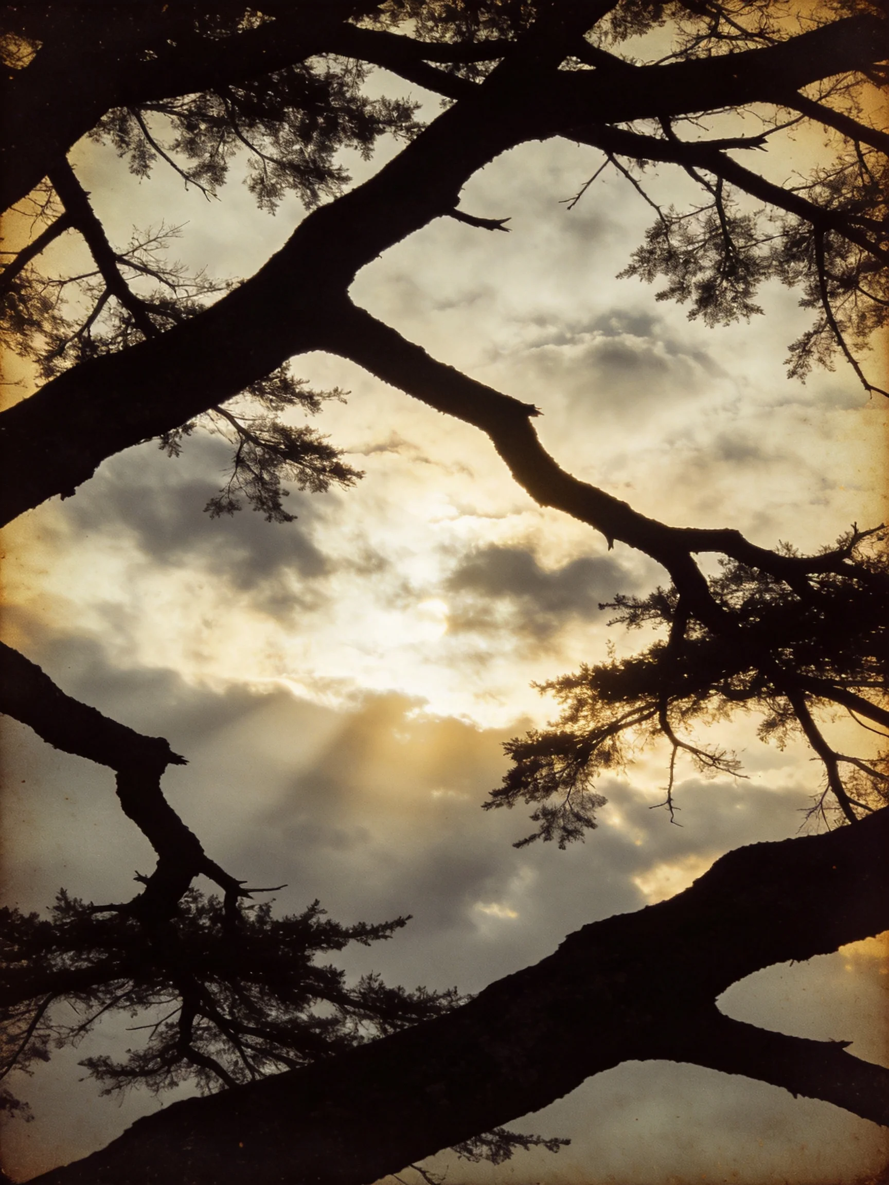 Silhouetted pine branches against a dramatic cloudy sunset sky