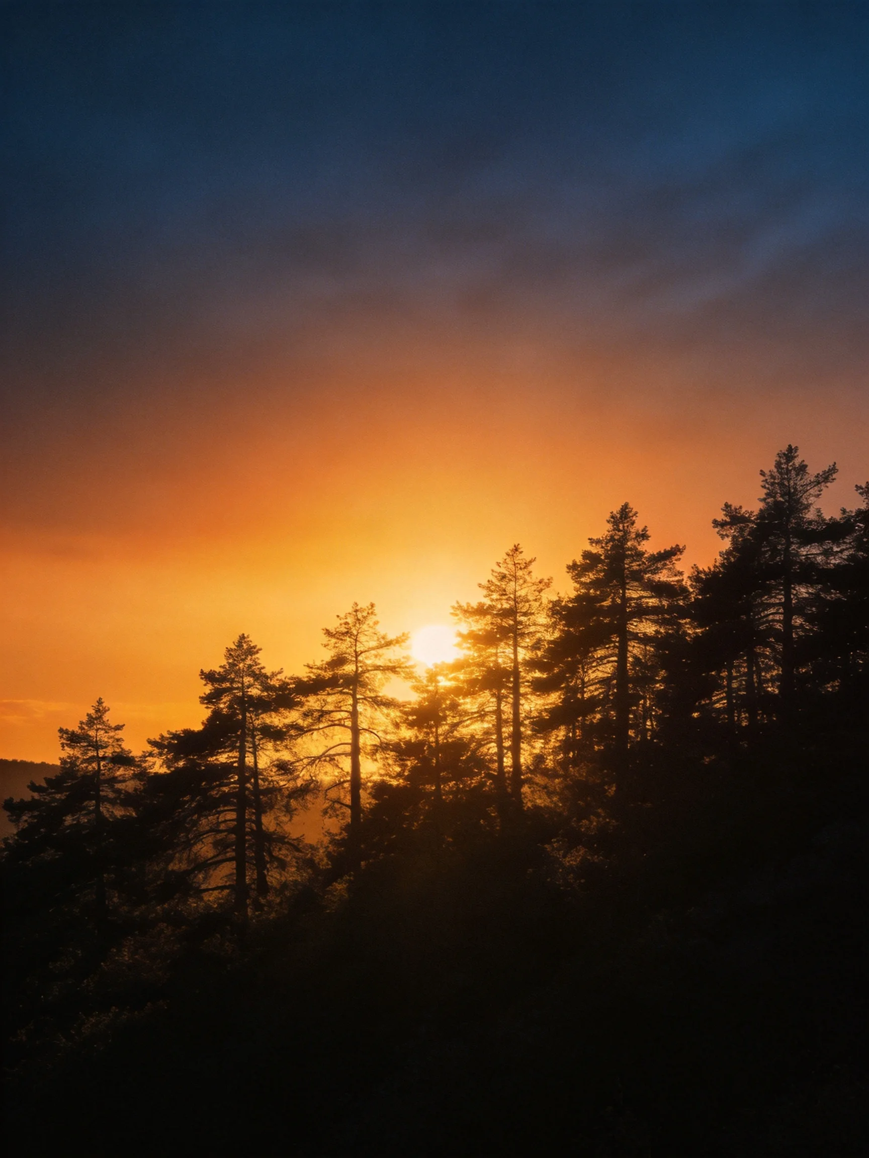 Silhouetted pine trees against a vibrant sunset sky