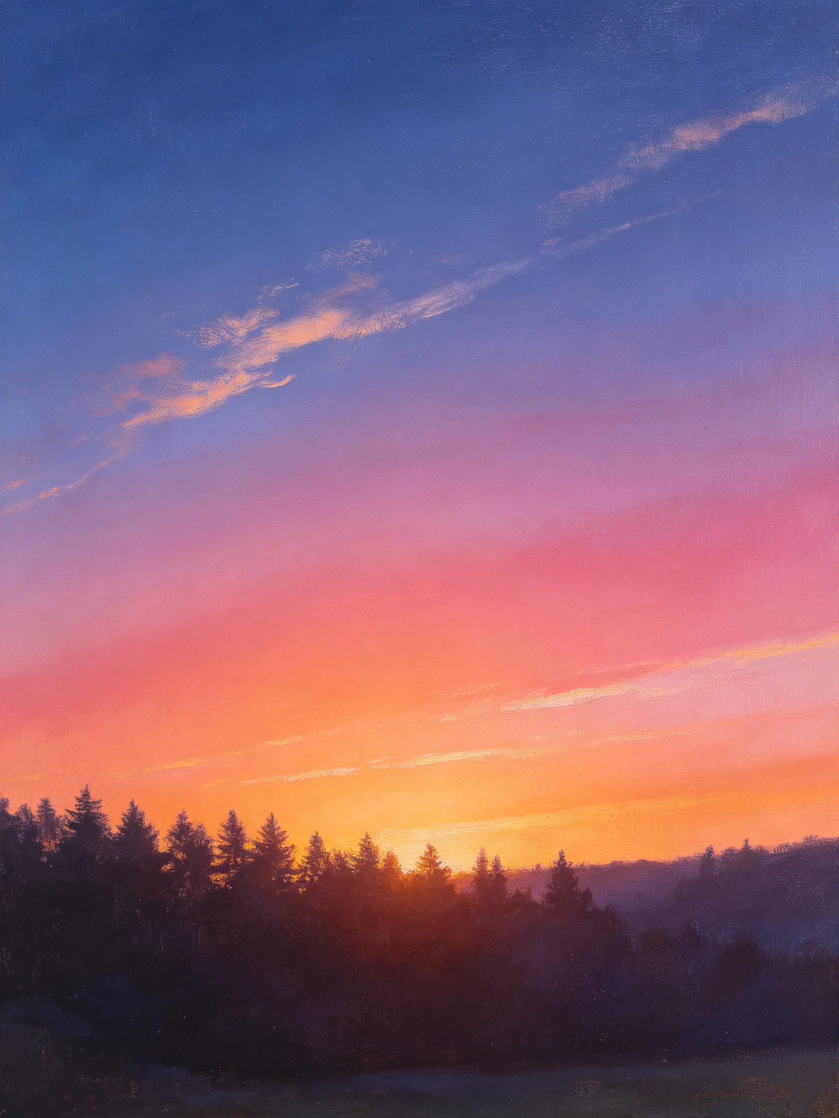 Silhouetted pine trees against a vibrant sunset sky with blue to pink gradient
