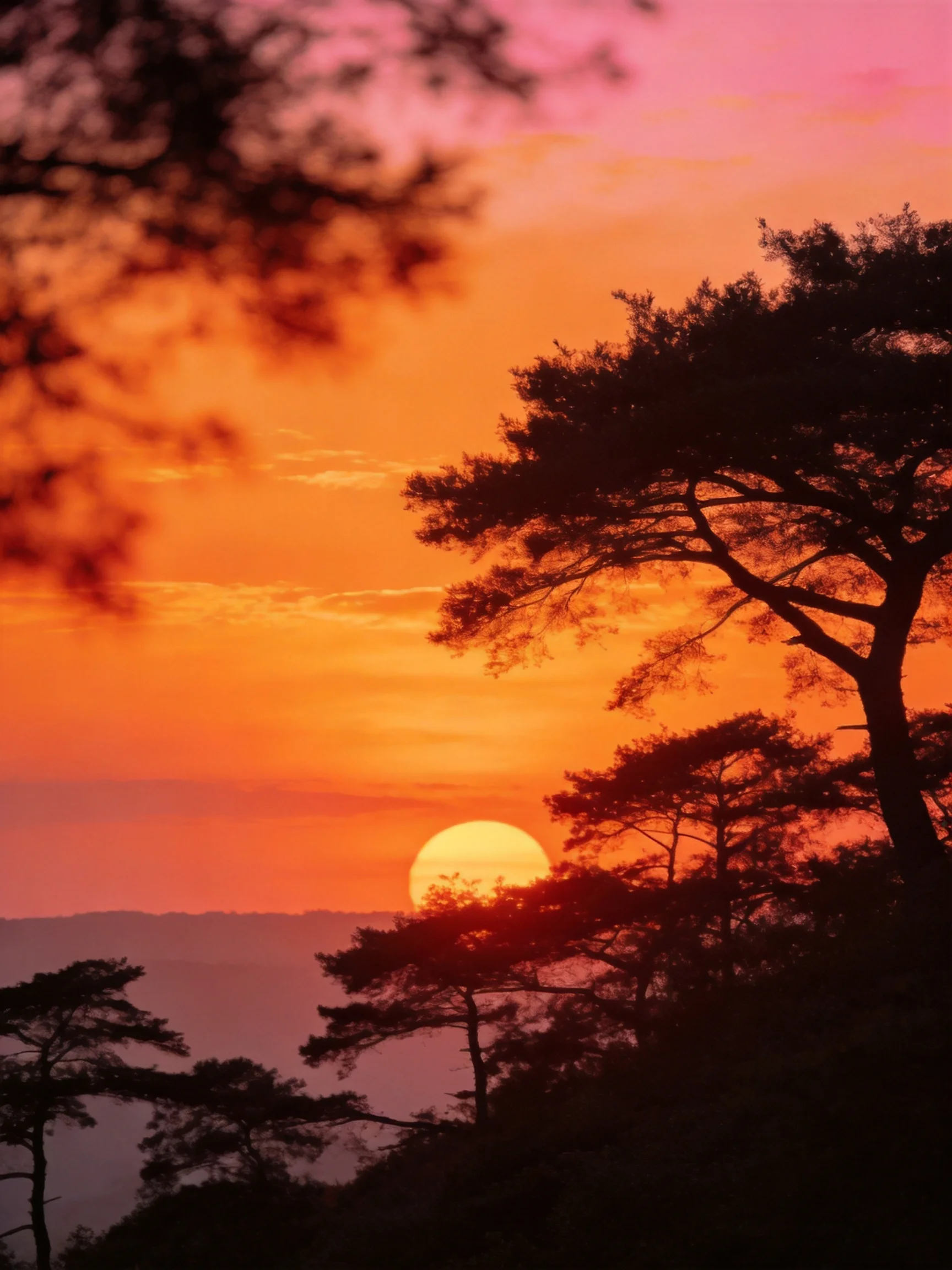 Silhouetted pine trees against vibrant orange-pink sunset sky