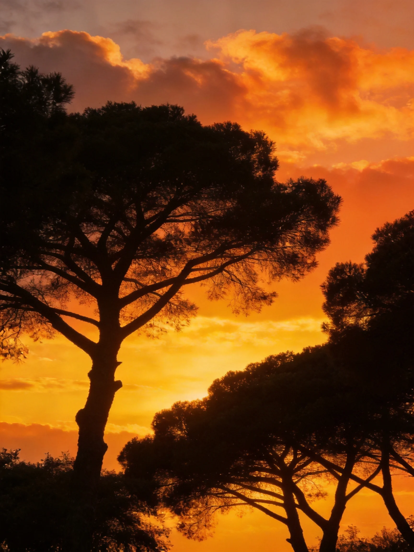 Silhouetted pine trees against vibrant orange sunset sky