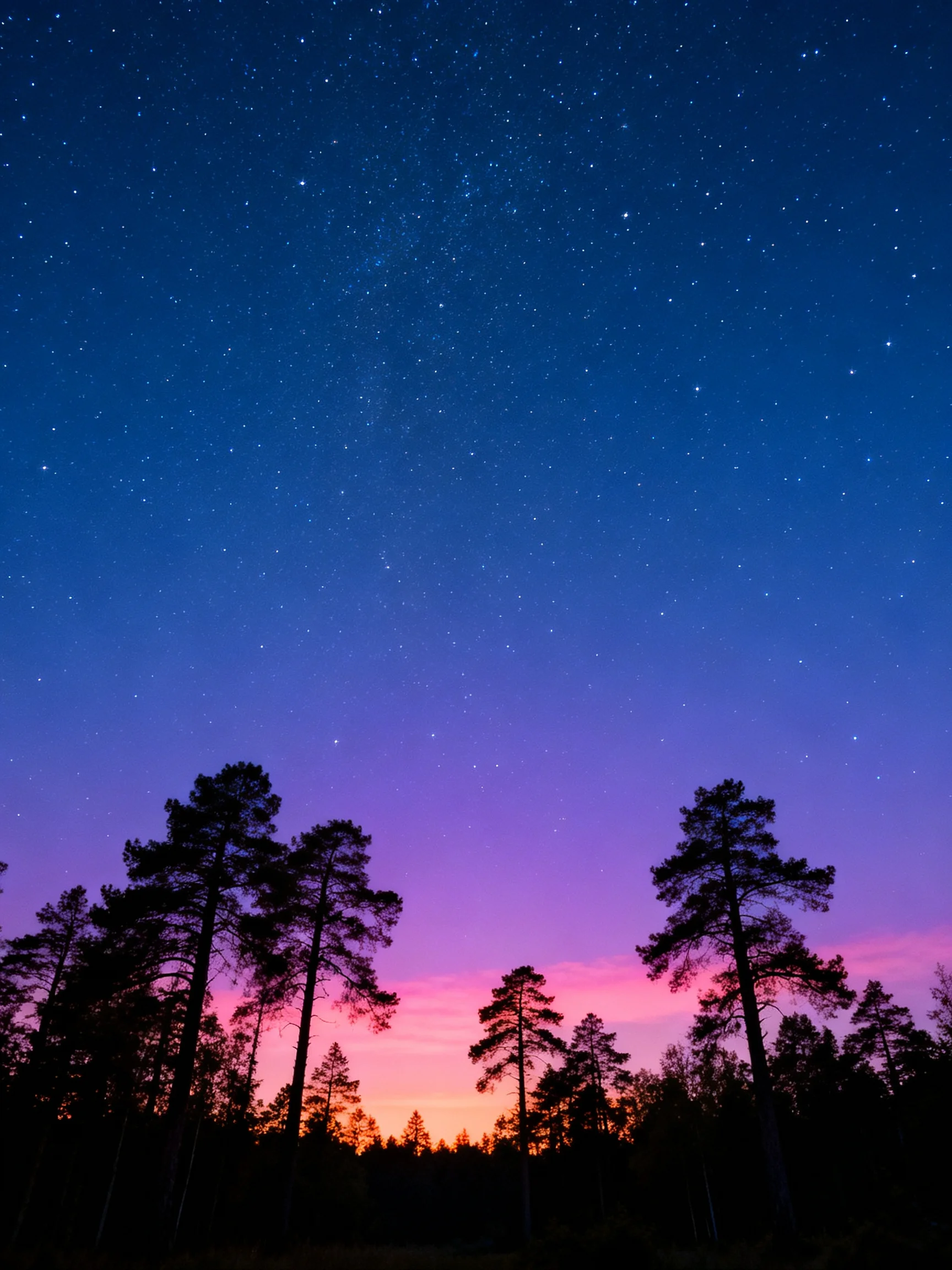 Silhouetted pine trees beneath a vibrant twilight sky gradient